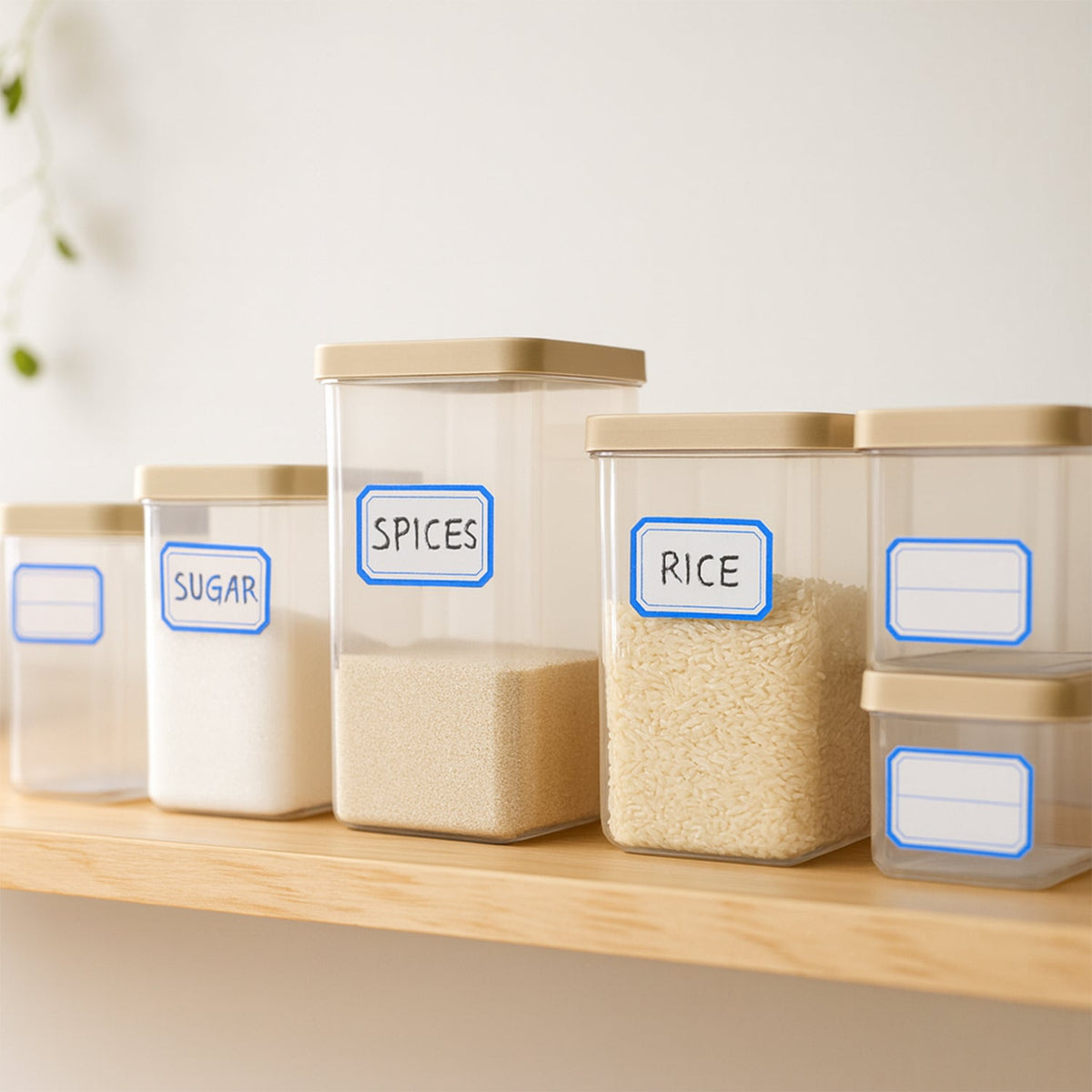 Several clear storage containers with blue-bordered labels for 'SPICES' and 'RICE' are arranged on a wooden shelf.