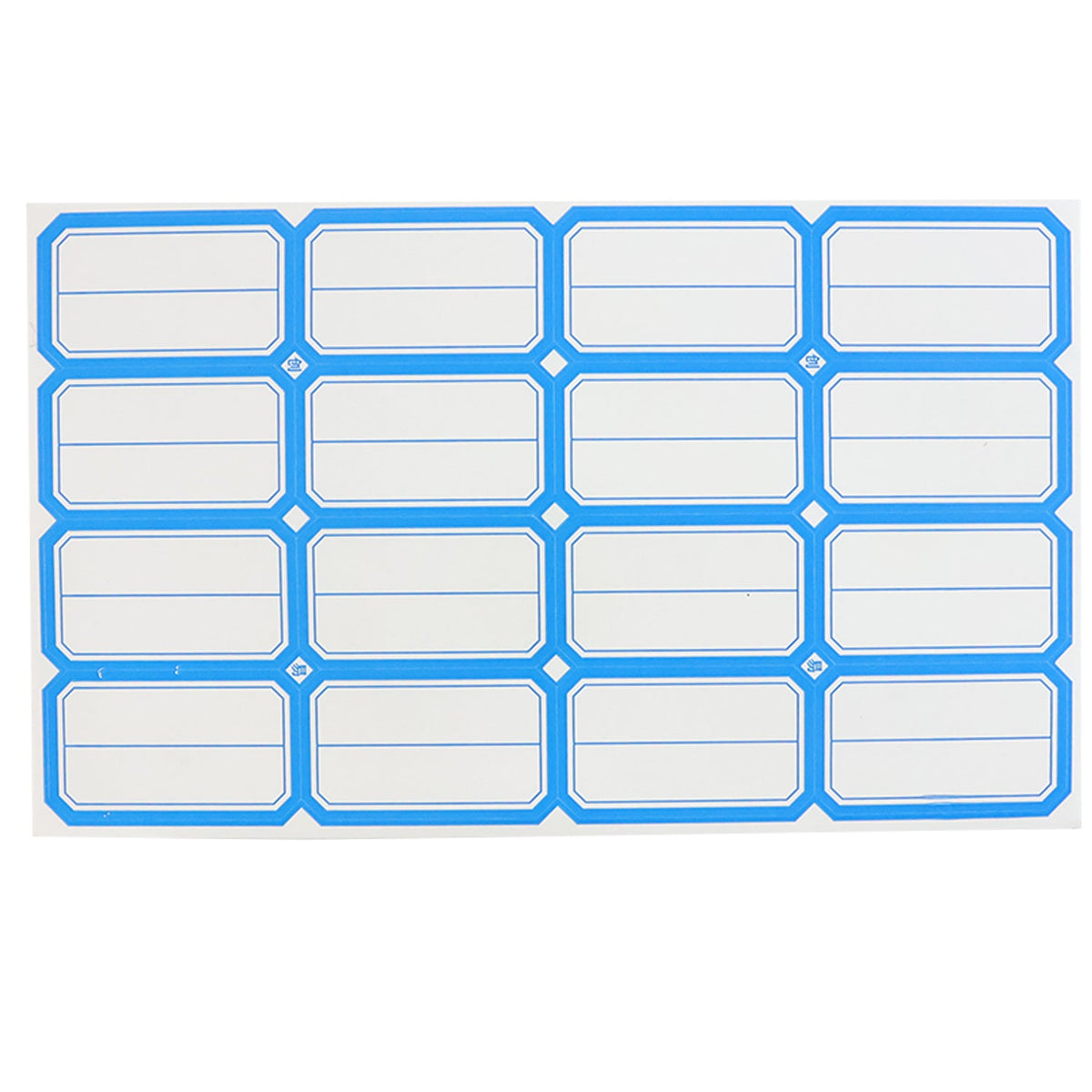 A sheet of blue-bordered rectangular label stickers with blank white centers is shown against a white background.