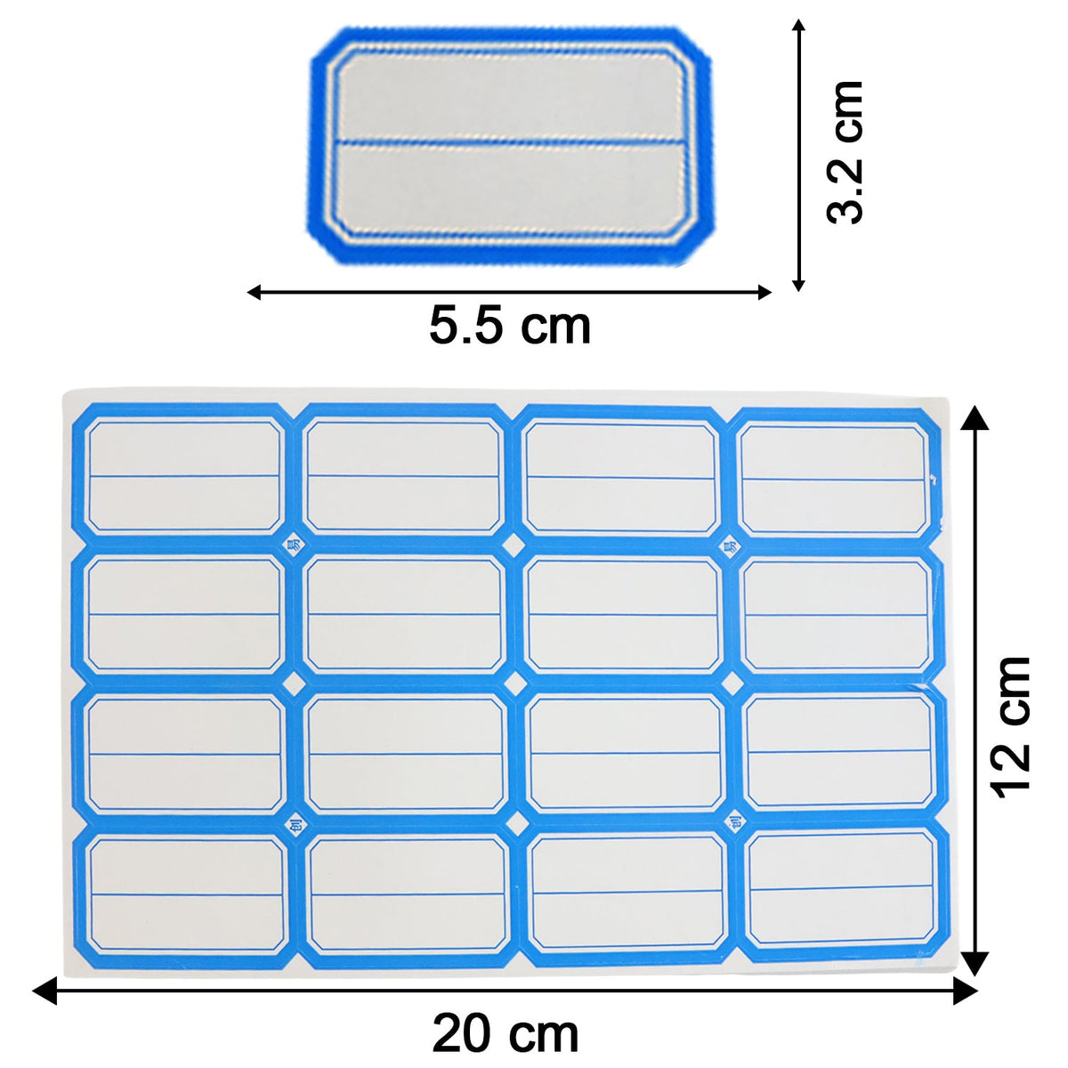 A sheet of blue-bordered label stickers with measurements: 20cm x 12cm for the sheet, and 5.5cm x 3.2cm for individual