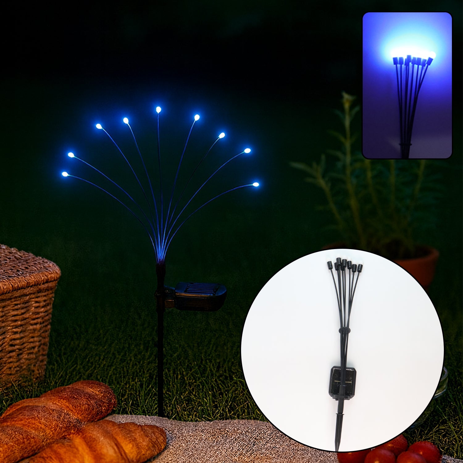 Solar LED fiber optic garden light illuminating a pathway at night