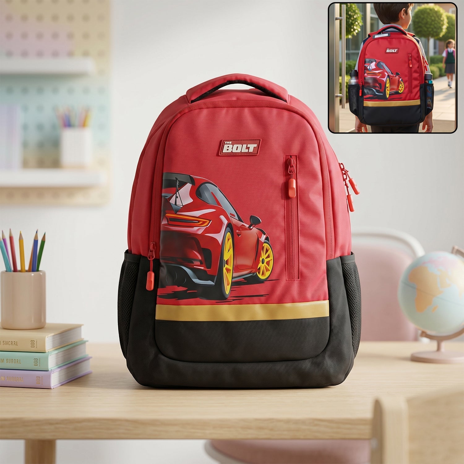Kids’ school bag featuring sporty car print for boys