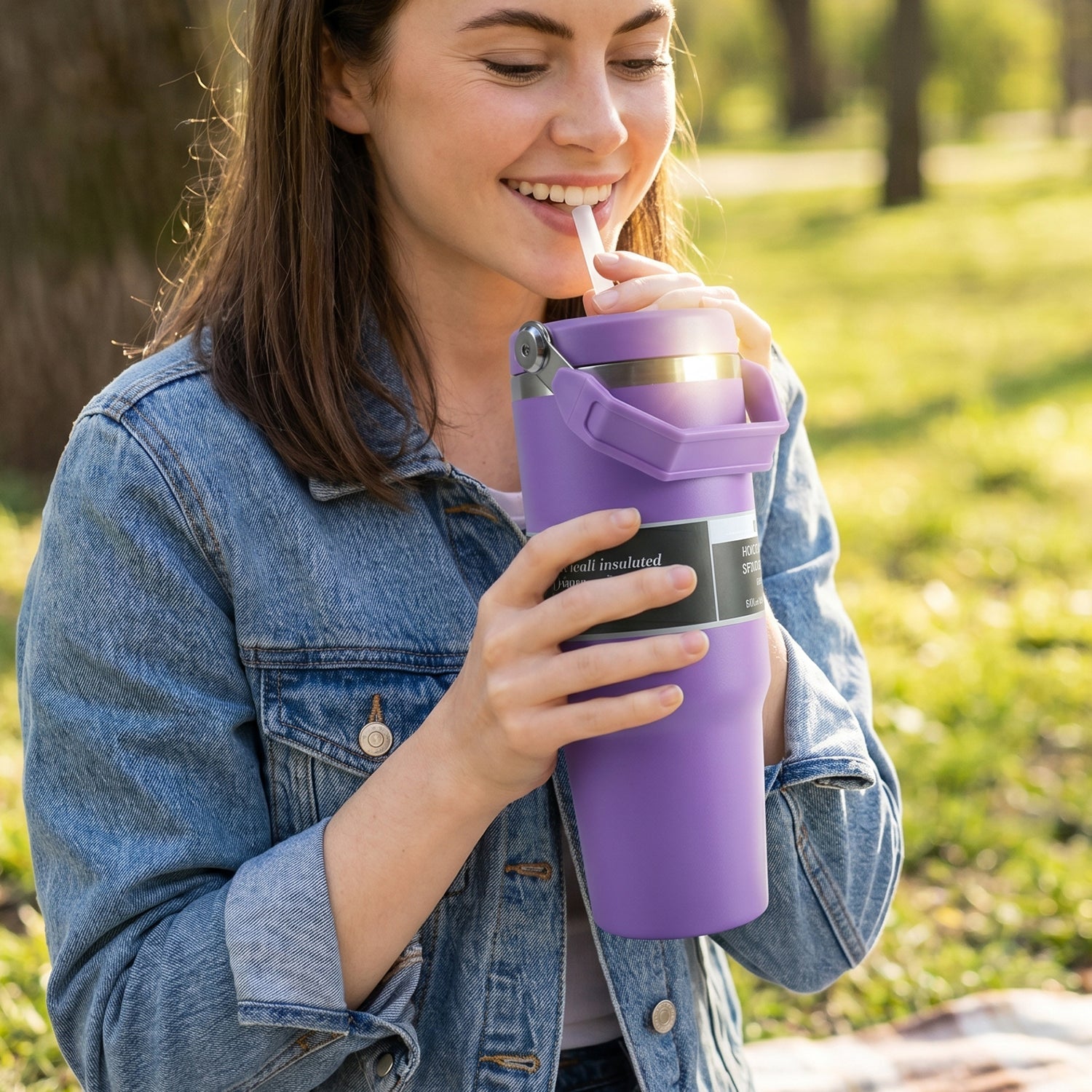Front view of sleek matte finish stainless steel insulated travel mug