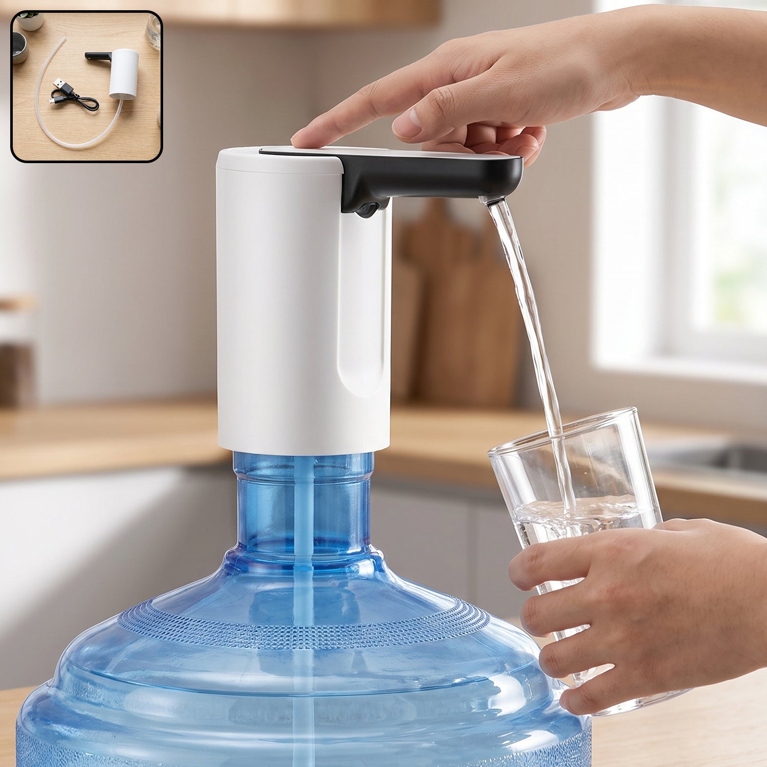 A hand presses the button on a white and black electric water dispenser, filling a glass from a large blue water bottle