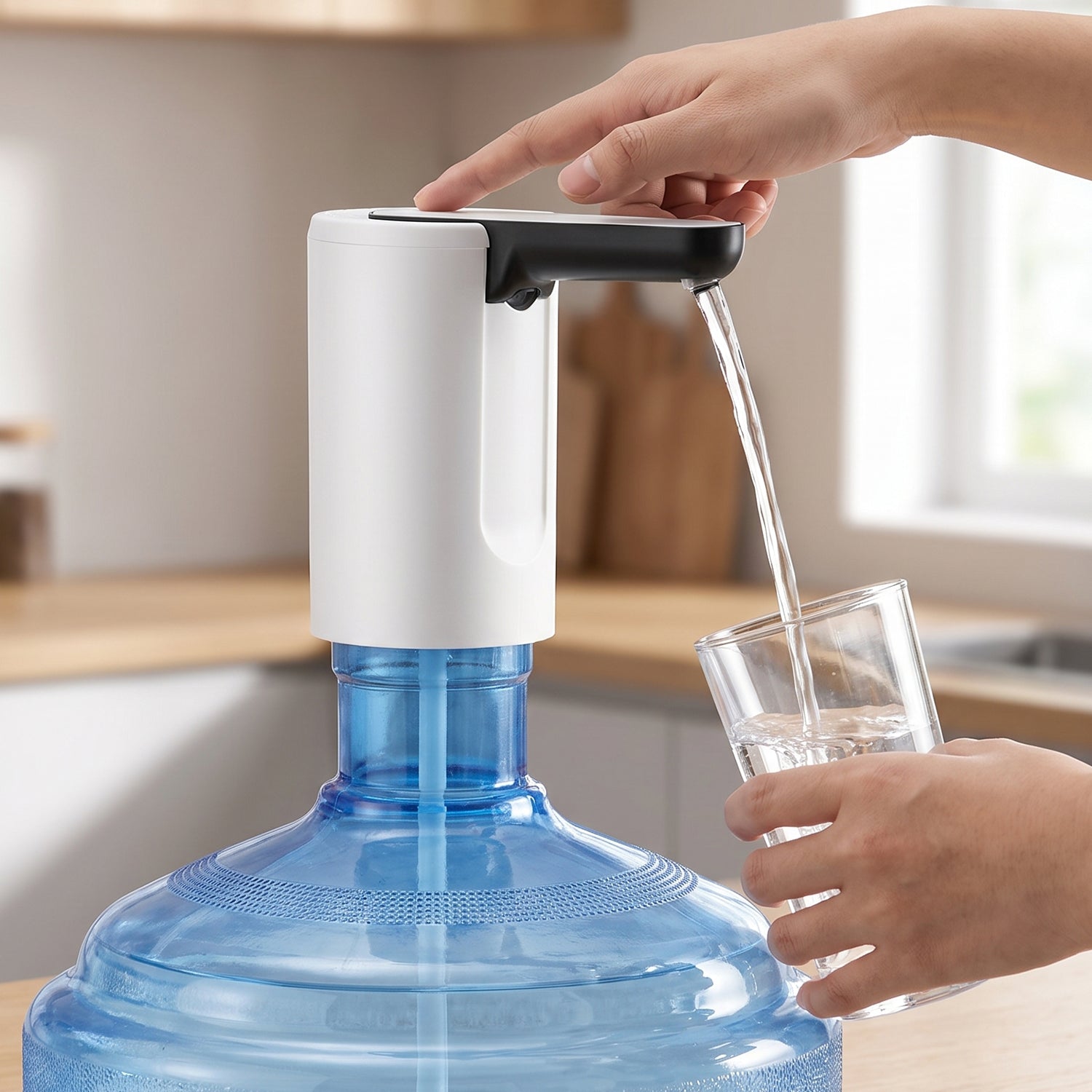 A hand presses the button on a white and black electric water dispenser, filling a glass from a large blue water bottle on a
