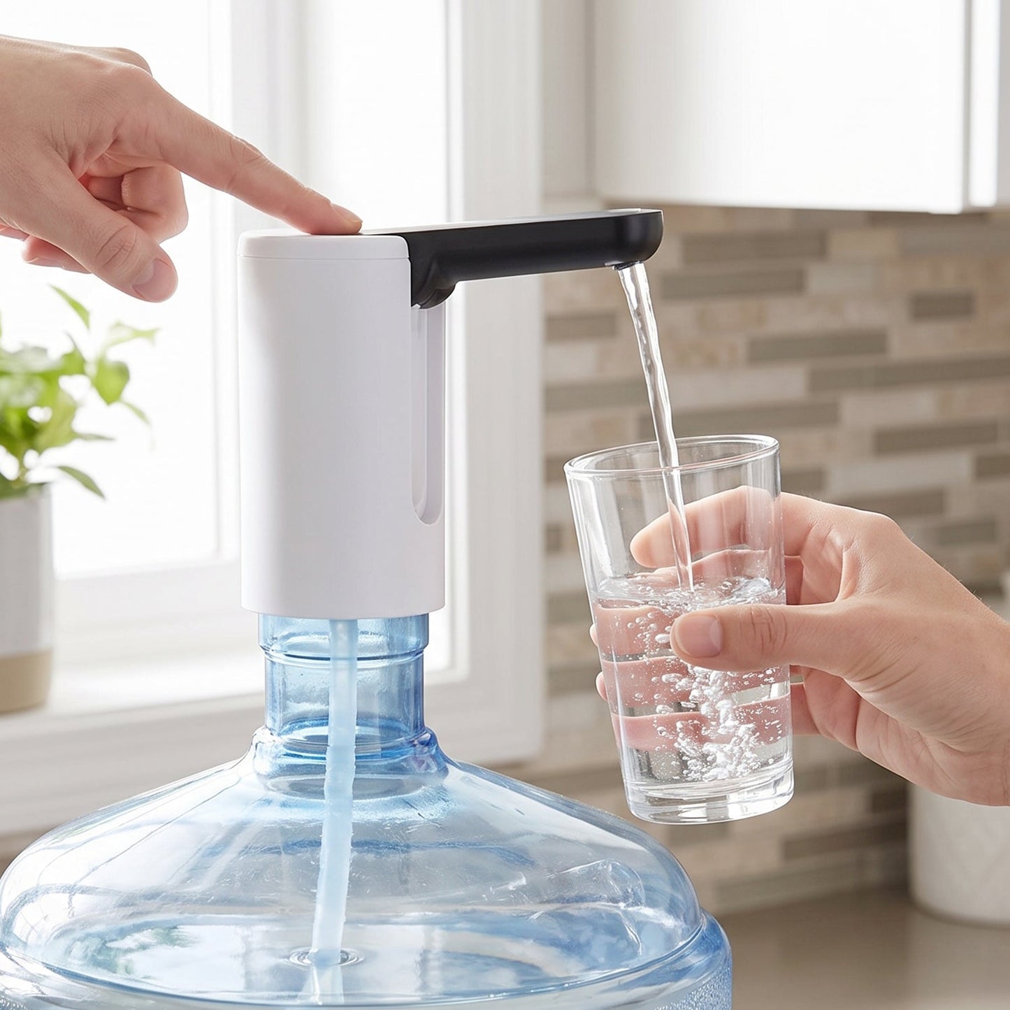 A hand presses the button on a white and black electric water dispenser, filling a glass from a large blue water bottle in a