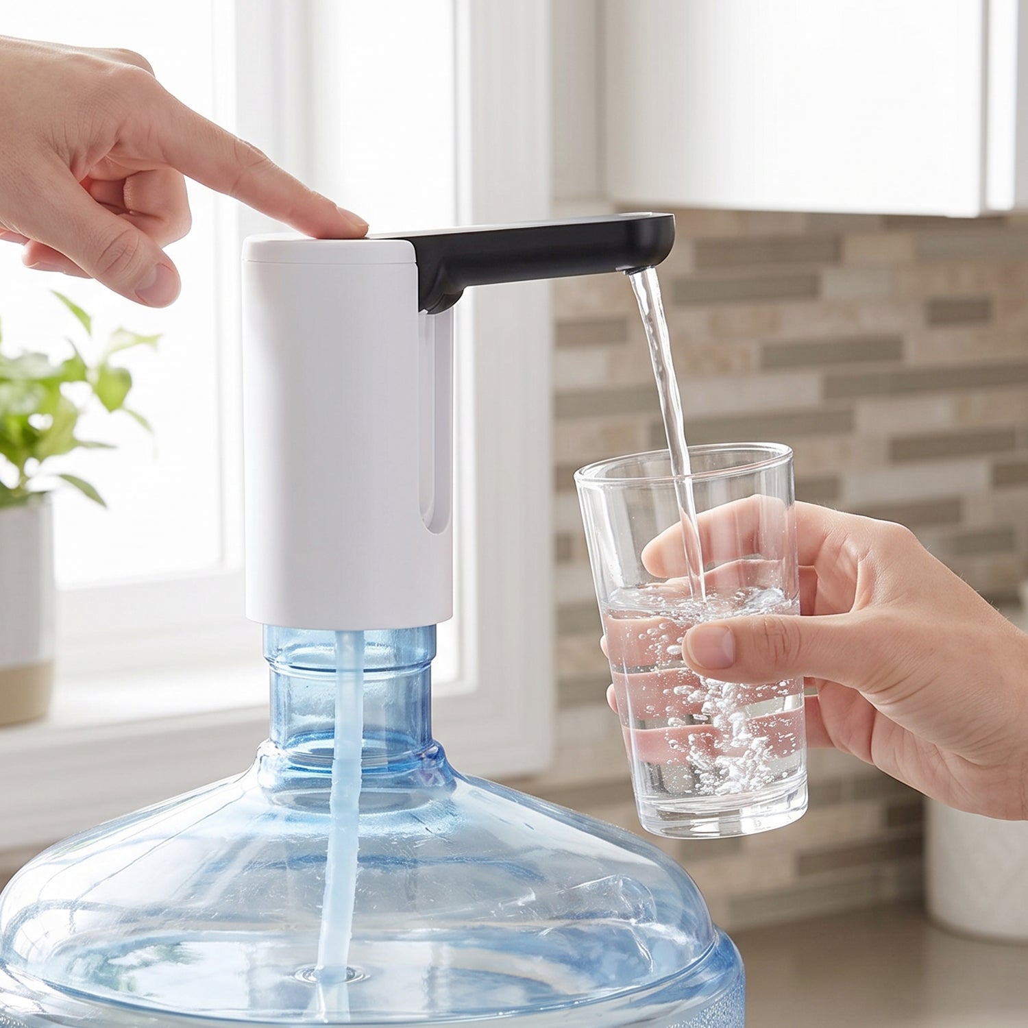 A hand presses the button on a white and black electric water dispenser, filling a glass from a large blue water bottle in a