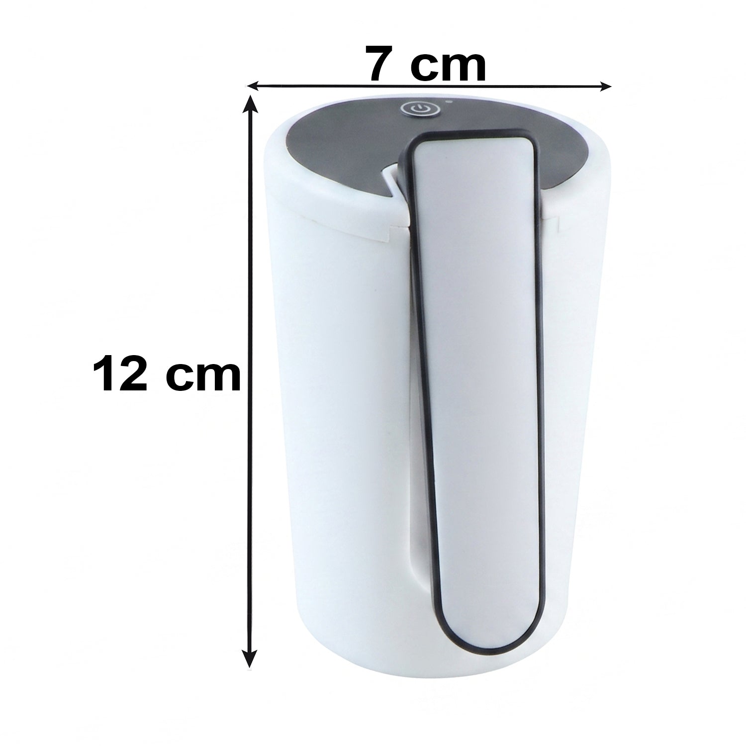The white and black electric water dispenser pump is shown with dimensions: 12 cm height and 7 cm width, on a white
