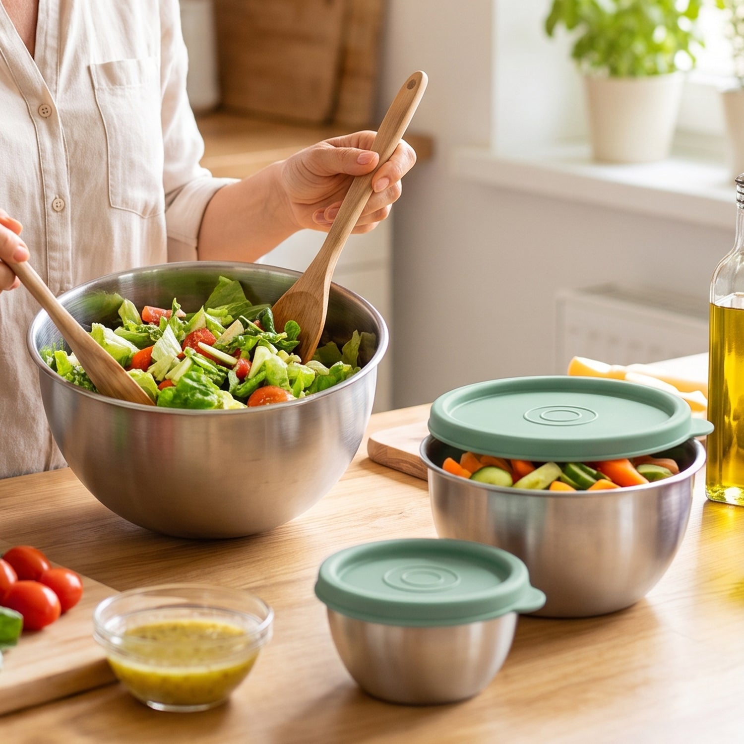 Steel mixing bowls shown nested together