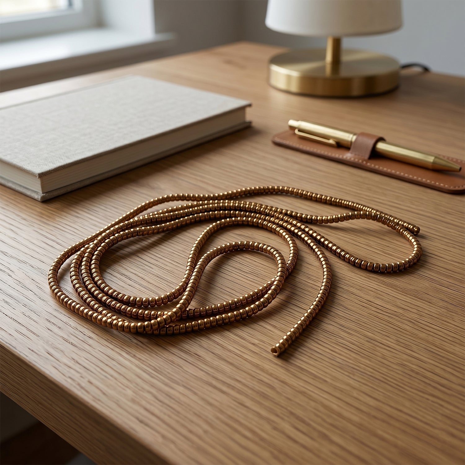 A brown spiral cable protector sleeve lies on a wooden desk next to a book and a gold pen.