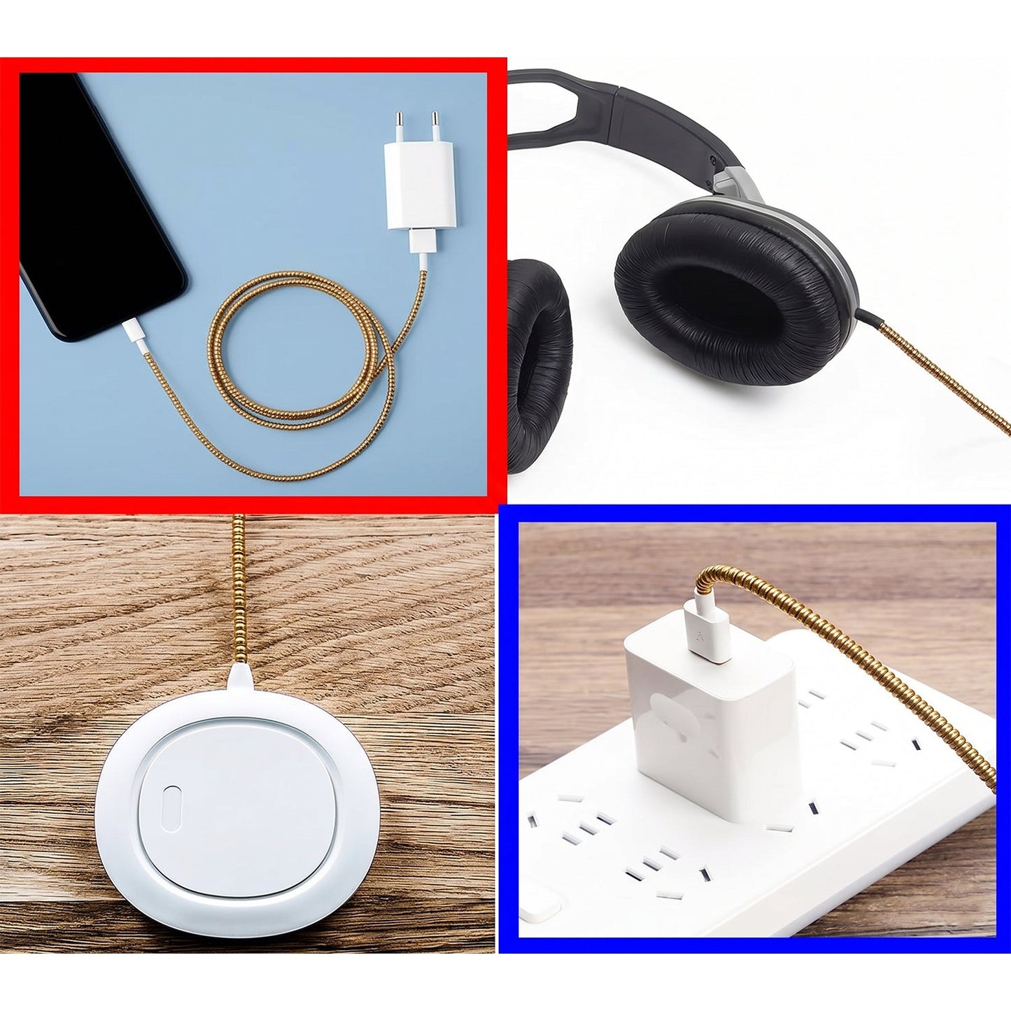 Four insets show a brown spiral cable protector sleeve used with a phone, headphones, and power strip.