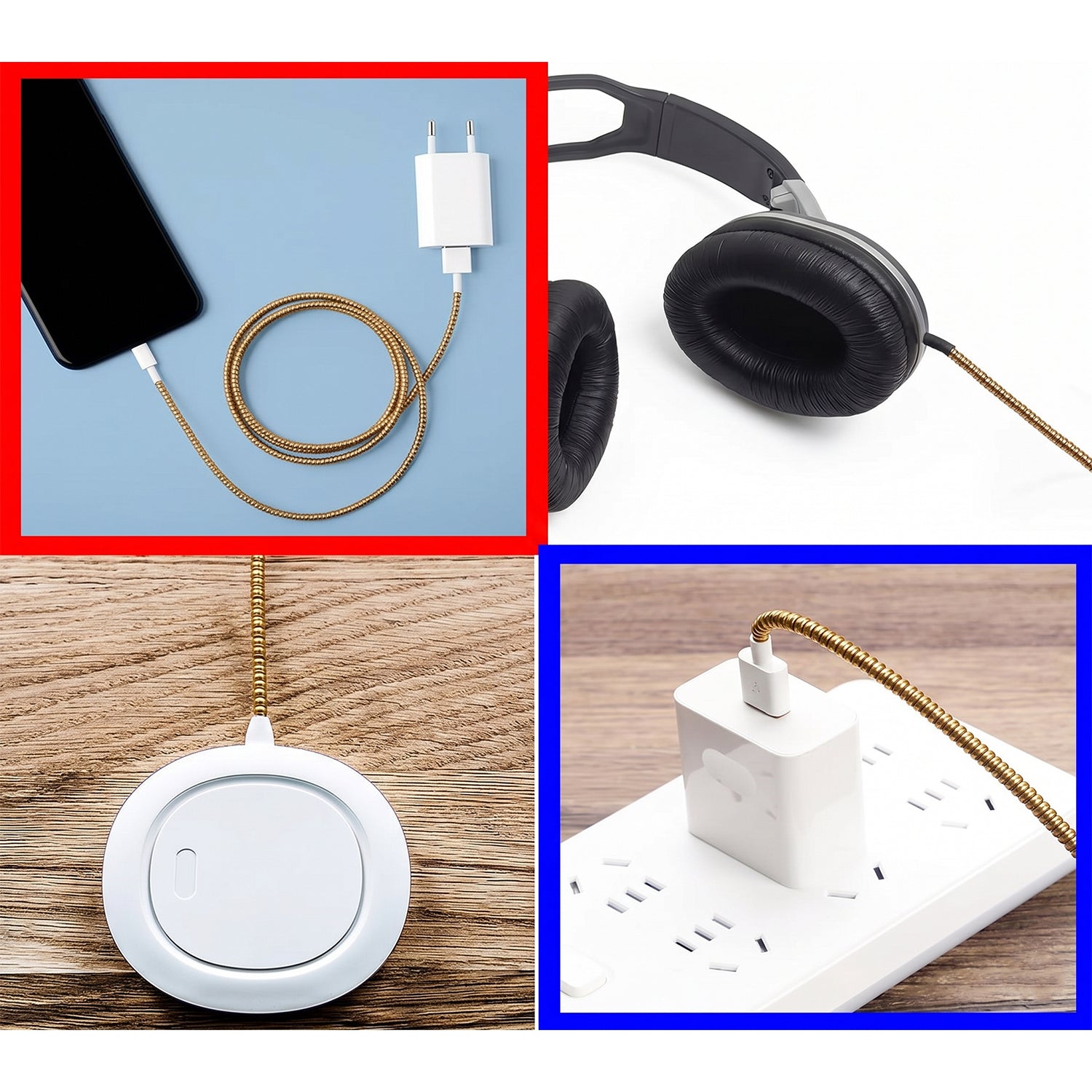 Four insets show a brown spiral cable protector sleeve used with a phone, headphones, and power strip.