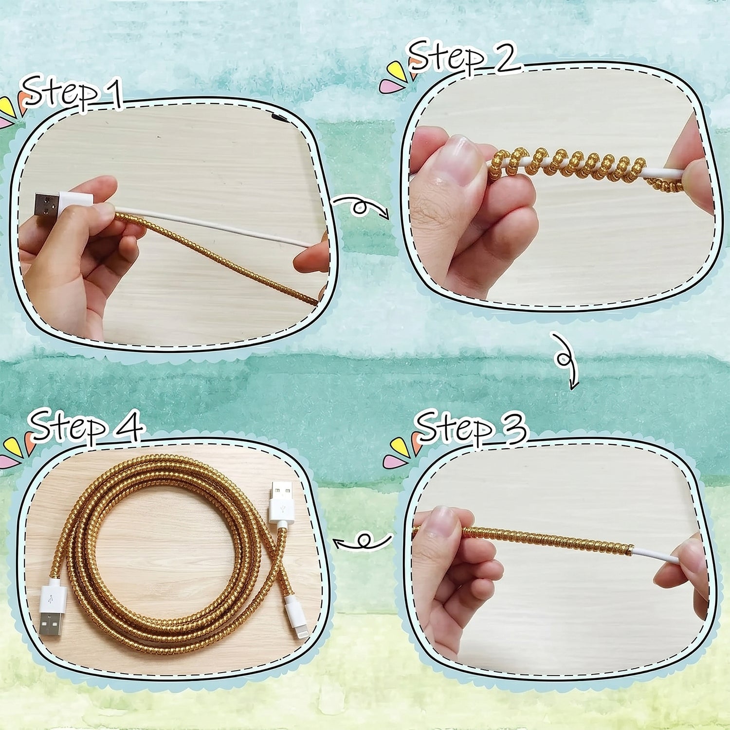 Four steps illustrate applying a brown spiral cable protector sleeve to a white charging cable.
