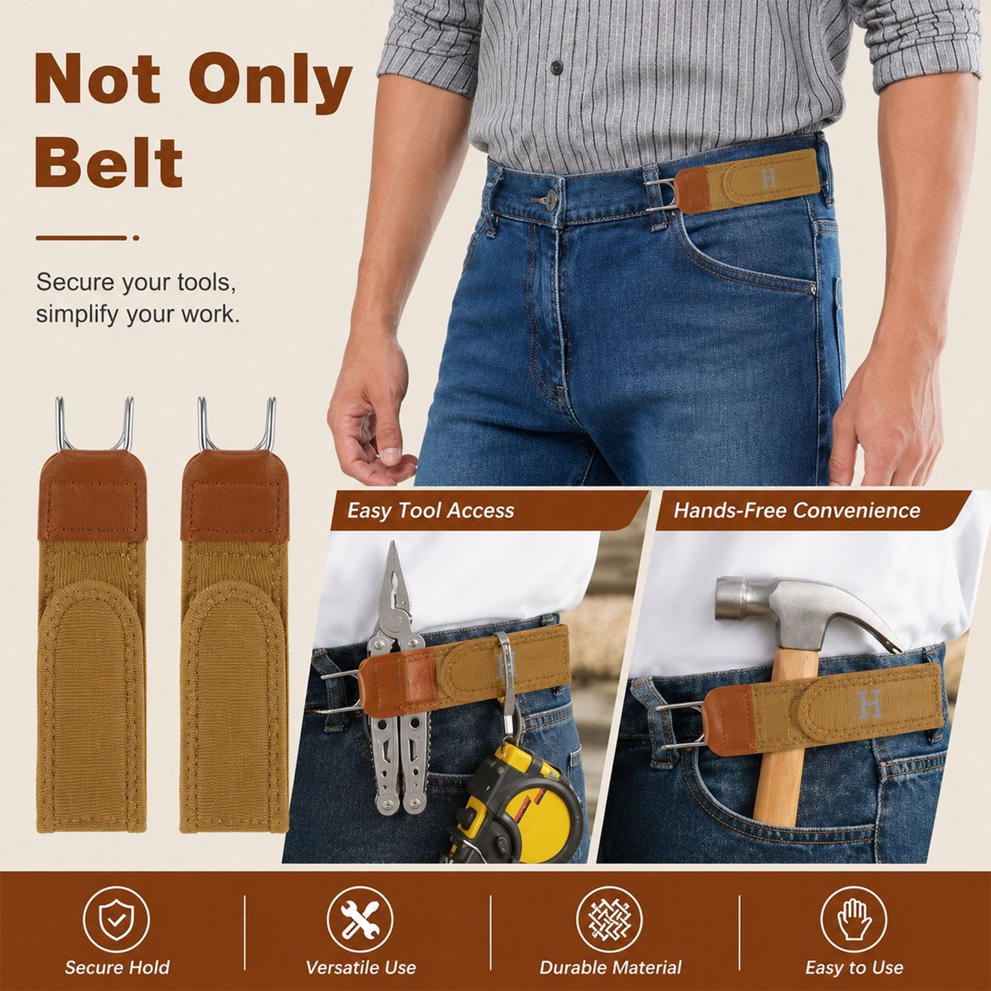 A man wears the tan buckle-less belt with jeans, while insets show it holding a multi-tool and a hammer.