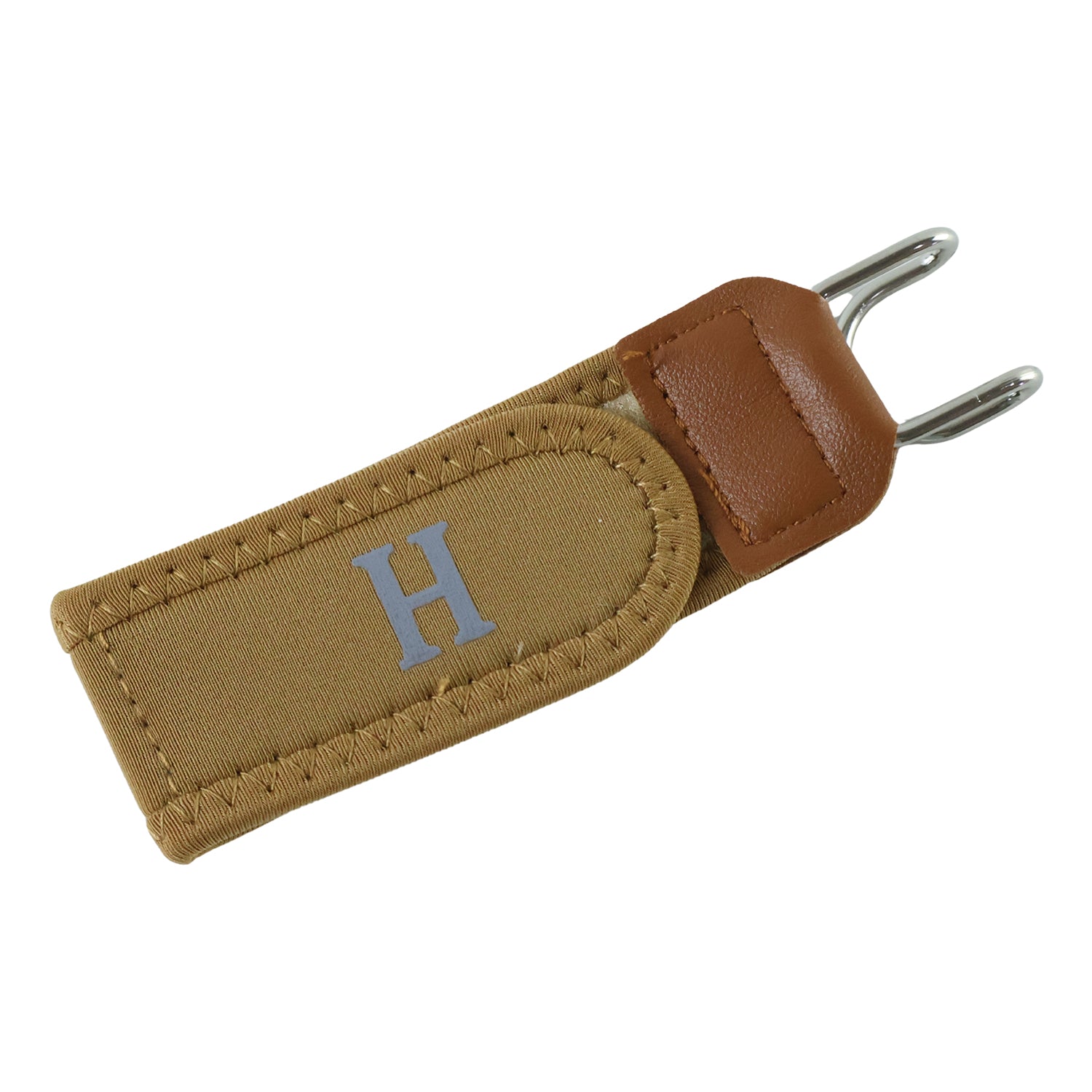 A tan buckle-less belt with a silver 'H' is shown on a white background, featuring a brown leather end with two silver hooks.