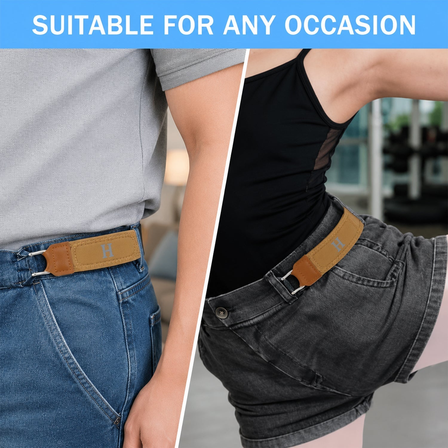 Two people wear the camel elastic belt with an 'H' and silver hooks, one with jeans and the other with black shorts.