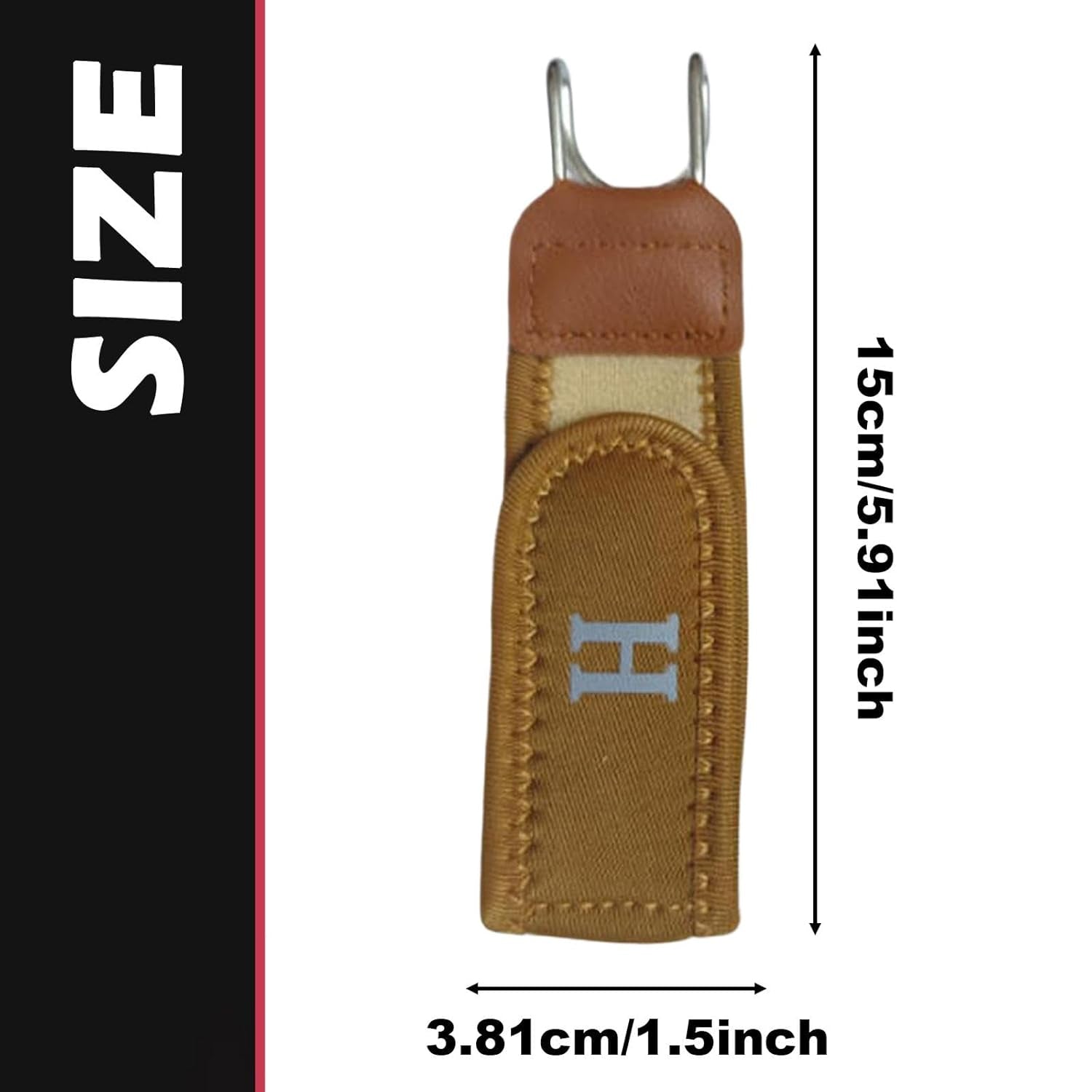 A tan buckle-less belt with a silver 'H' is displayed on a white background, with dimensions of 15cm (5.91 inches) in length
