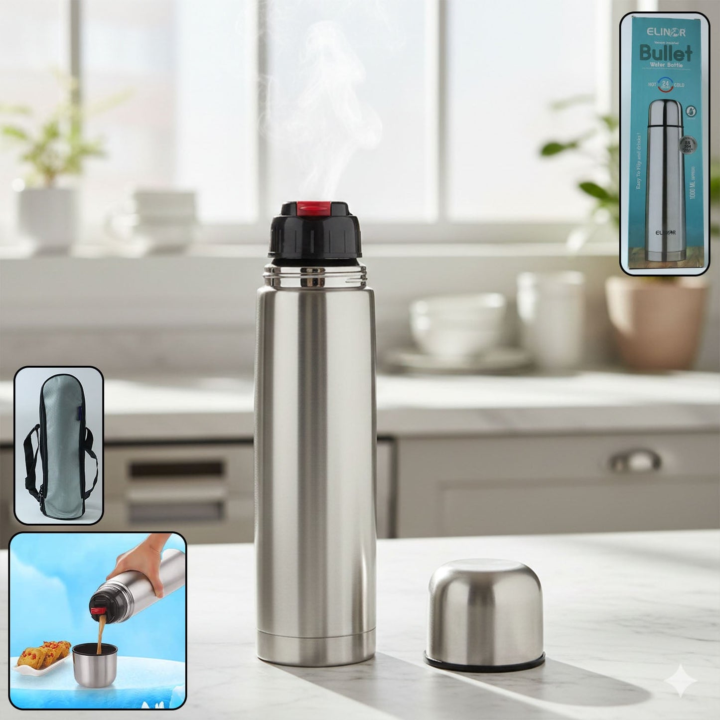 Bullet style stainless steel vacuum insulated water bottle with leak-resistant push-button lid