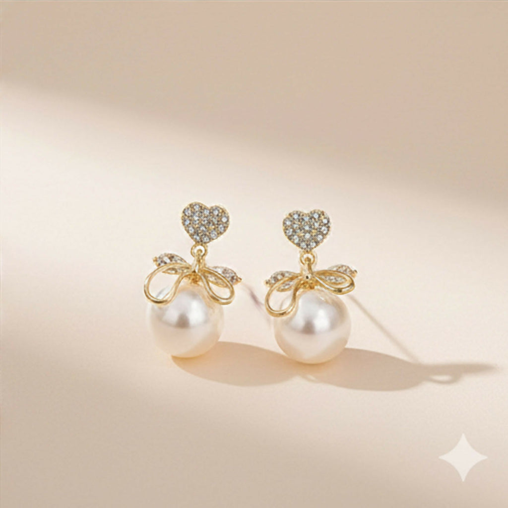 Romantic Heart Crystal & Pearl Bow Earrings – 14K Gold Plated Drop Earrings for Women
