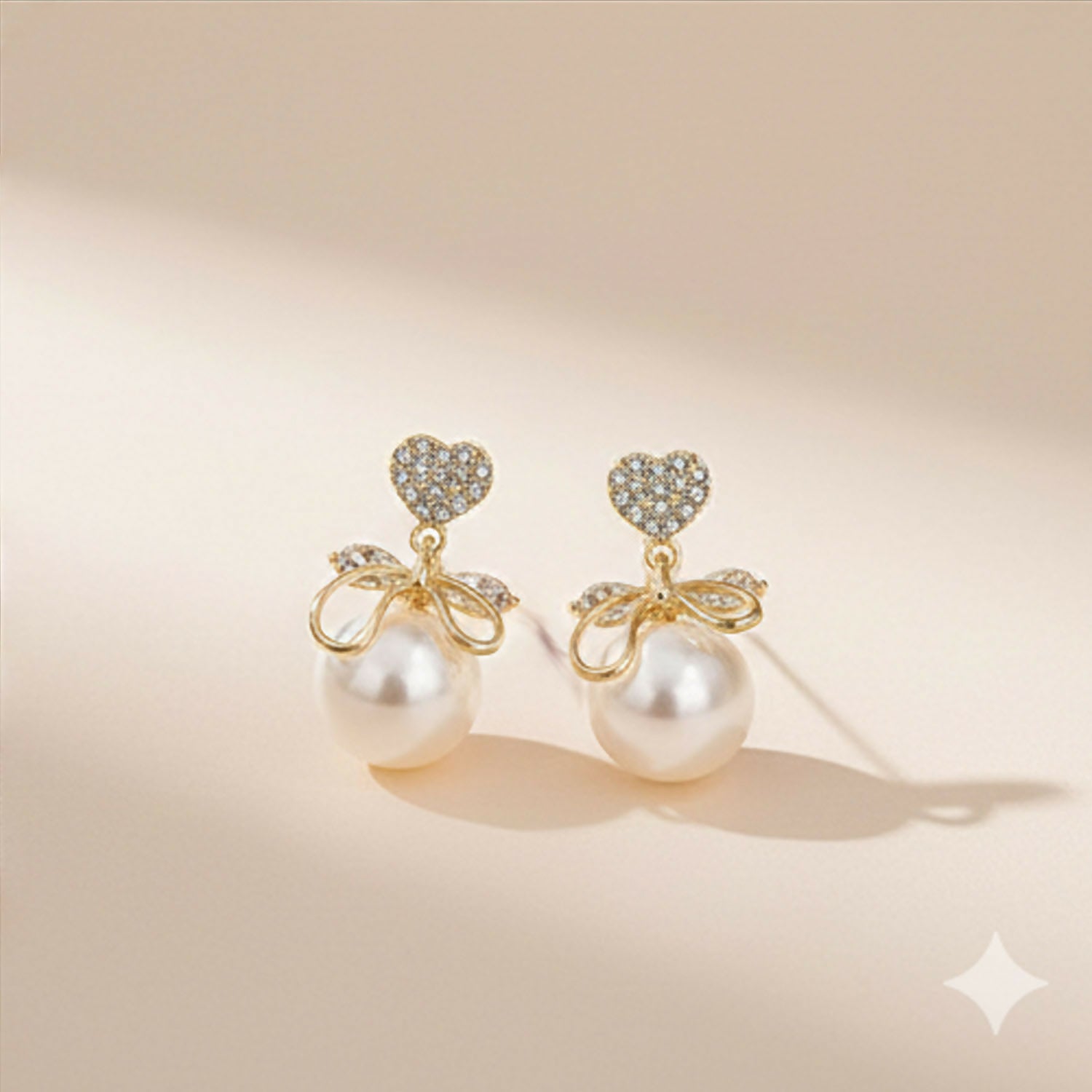 Romantic Heart Crystal & Pearl Bow Earrings – 14K Gold Plated Drop Earrings for Women
