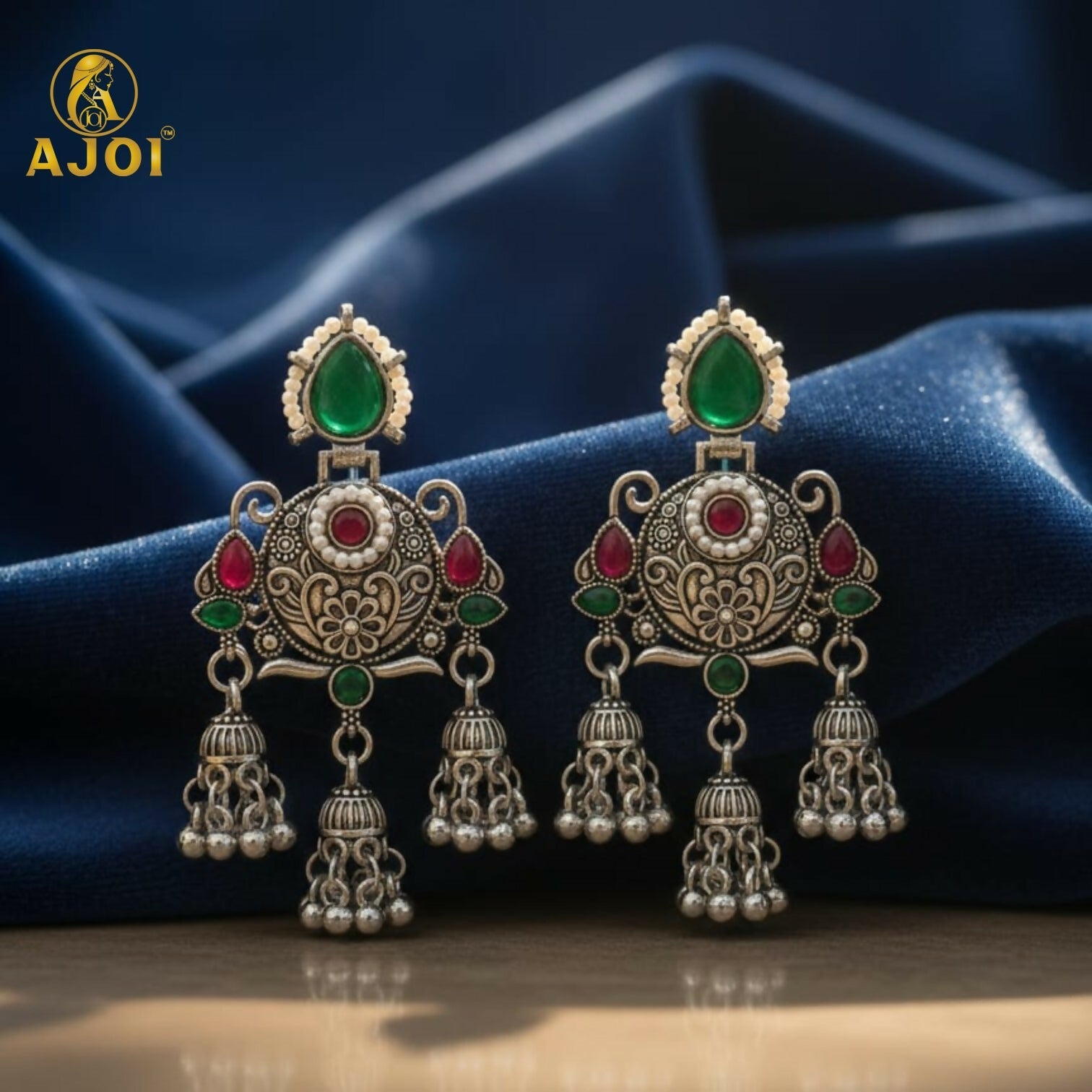 Premium Oxidised Silver Chandbali Jhumka Earrings with Green Stone