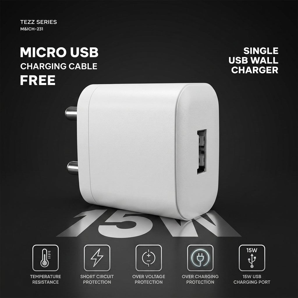Tezz Series 15W Single USB Wall Charger with Micro USB Cable