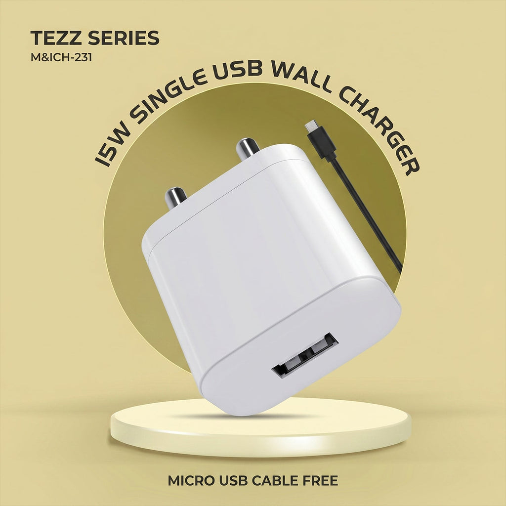 Tezz Series 15W Single USB Wall Charger with Micro USB Cable
