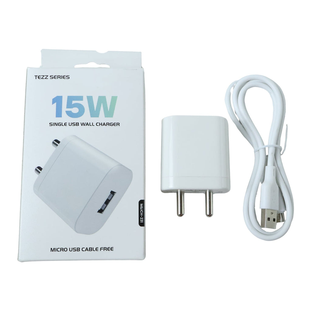 Tezz Series 15W Single USB Wall Charger with Micro USB Cable