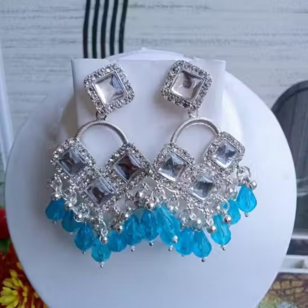 Elegant Silver Plated Chandelier Earrings Featuring Square Crystals and Aqua Blue Teardrop Beads