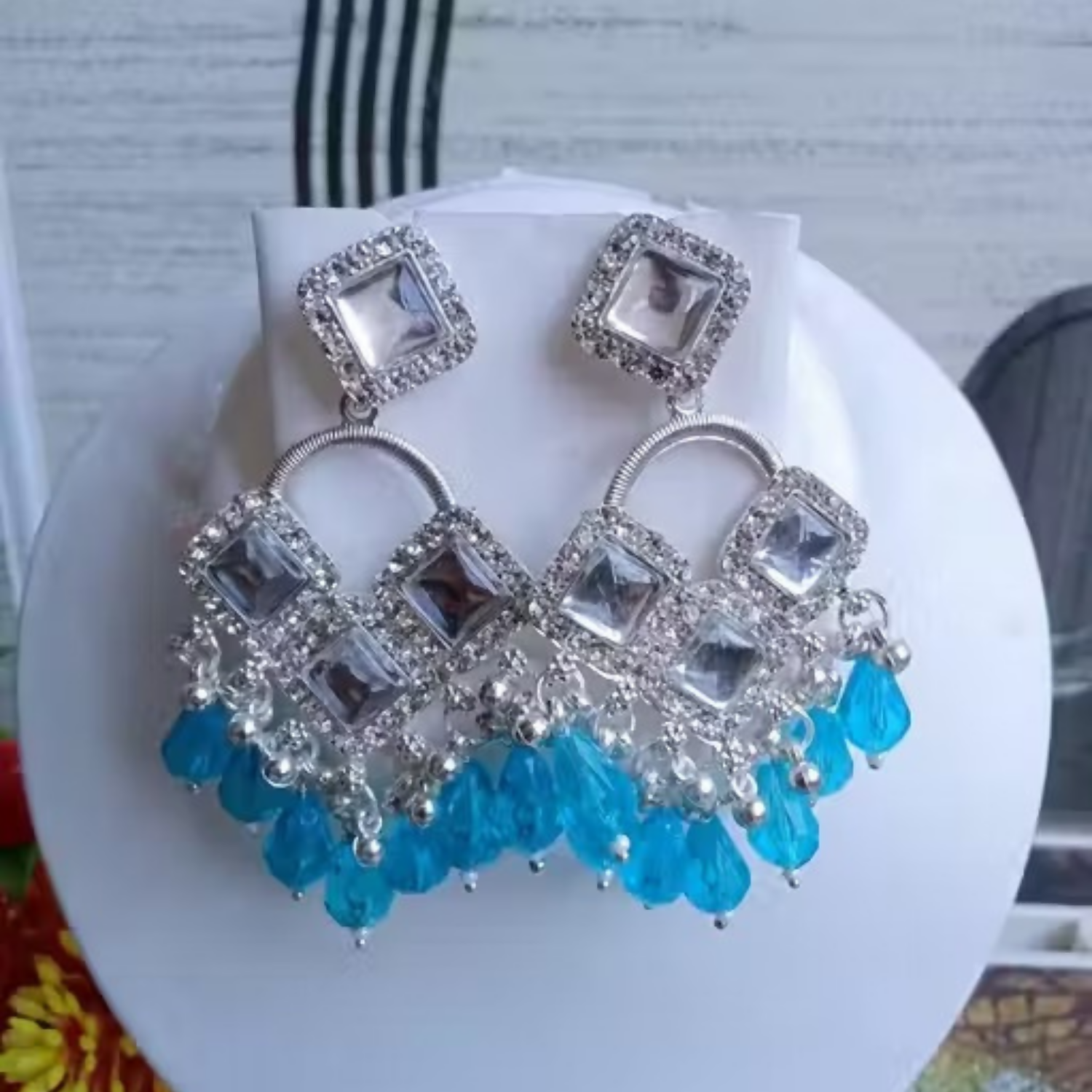 Elegant Silver Plated Chandelier Earrings Featuring Square Crystals and Aqua Blue Teardrop Beads