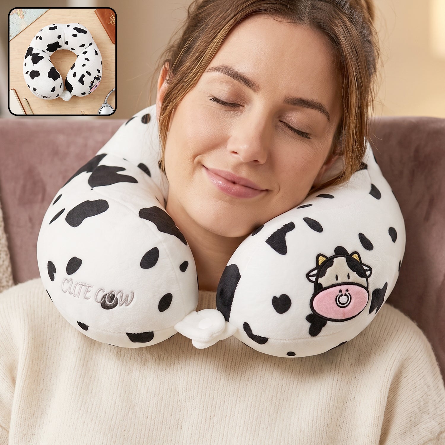 U shaped travel neck pillow, cute cow print soft plush pillow for travel (1 pc)