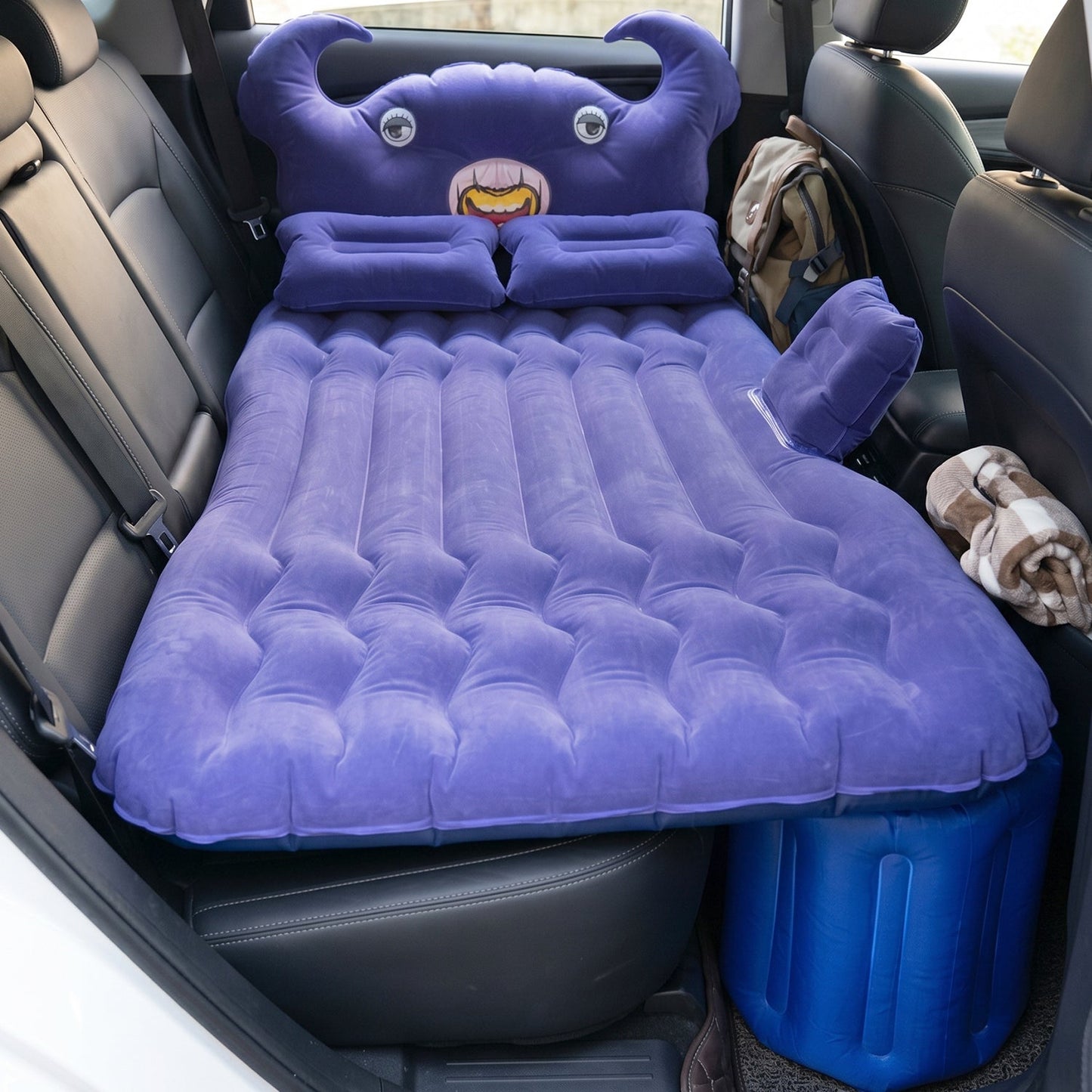 Inflatable car mattress with cushions and pump, portable design