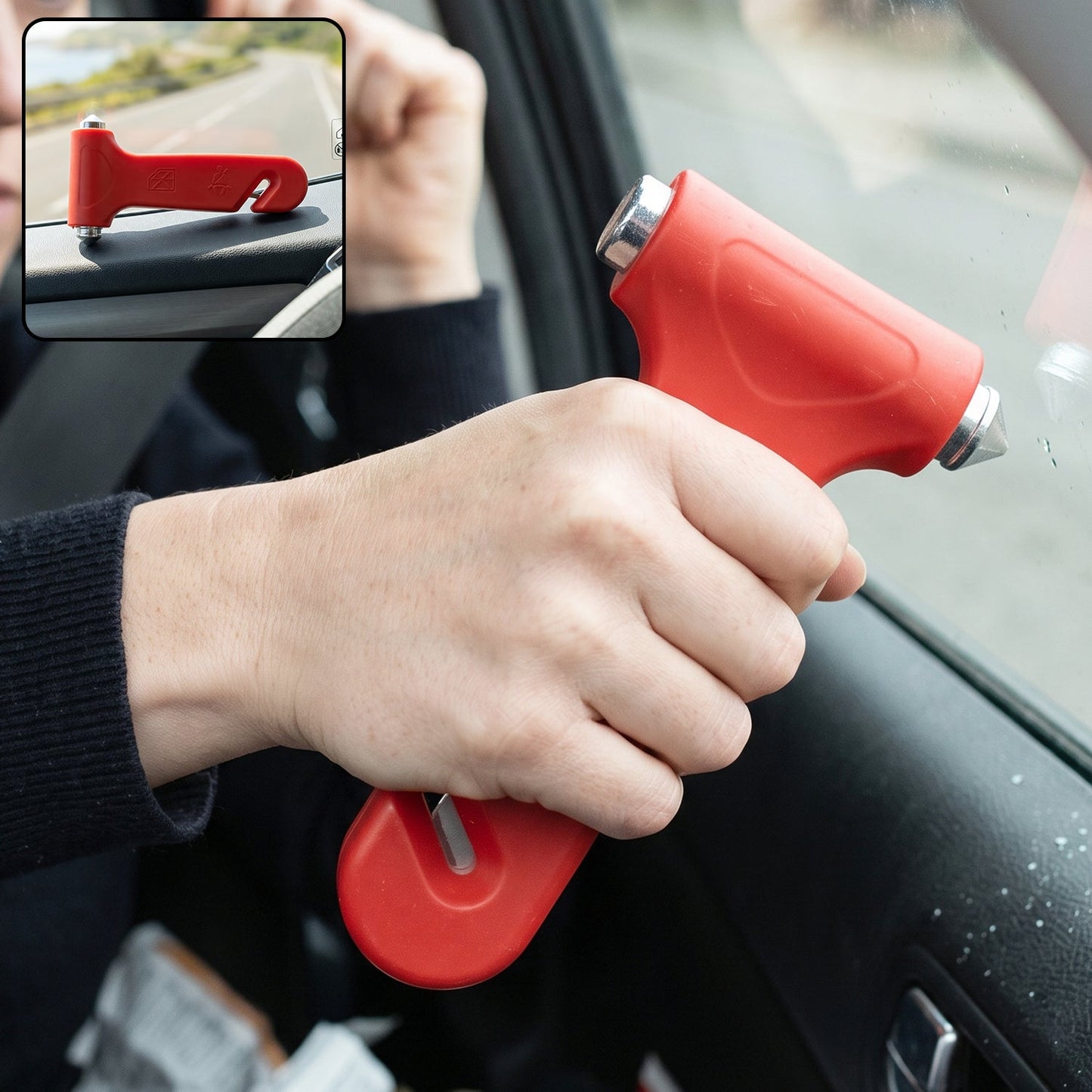 A person holds a red car safety hammer with a metal tip against a car window, with an inset showing the hammer on a