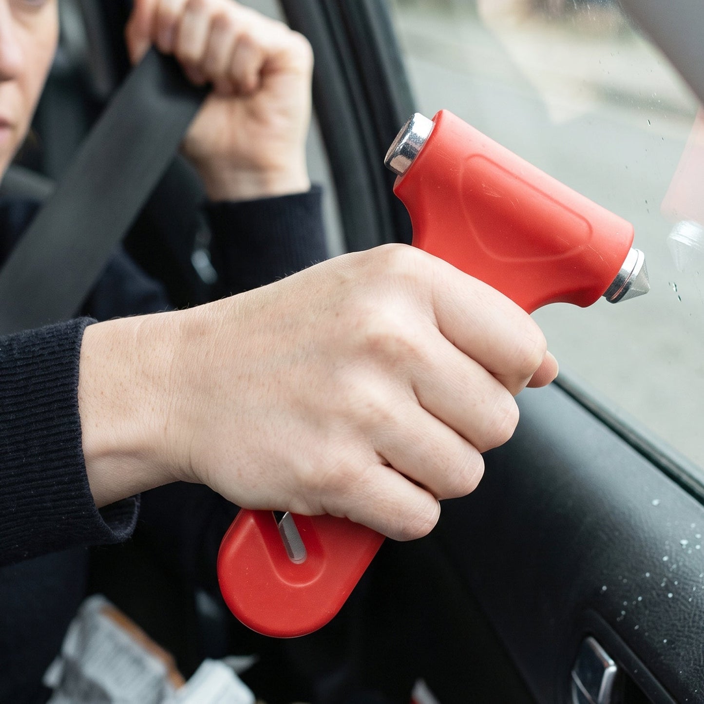 A person in a black sweater holds a red car safety hammer, demonstrating its use on a car window.