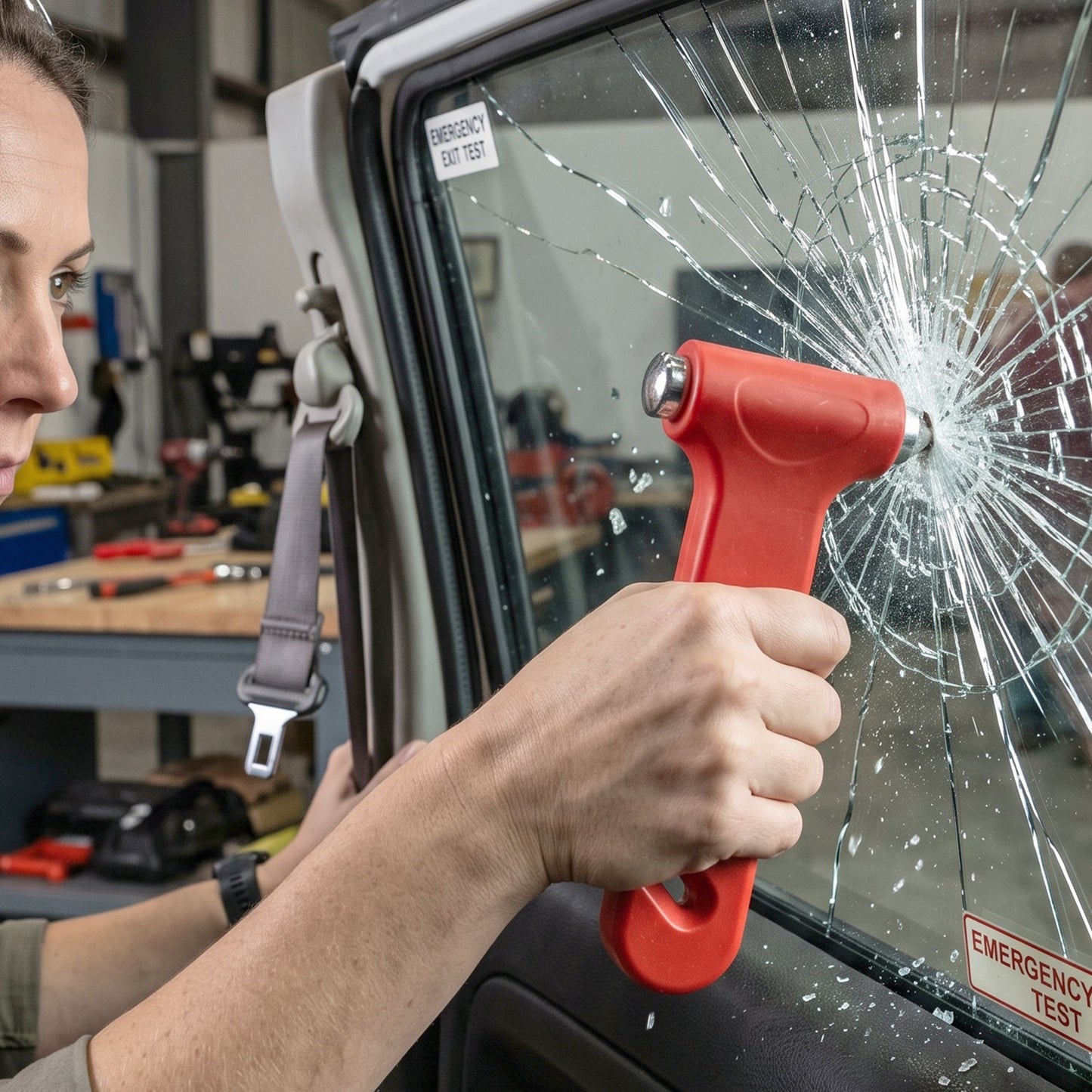 A person uses a red car safety hammer to break a car window, creating a spiderweb crack pattern.