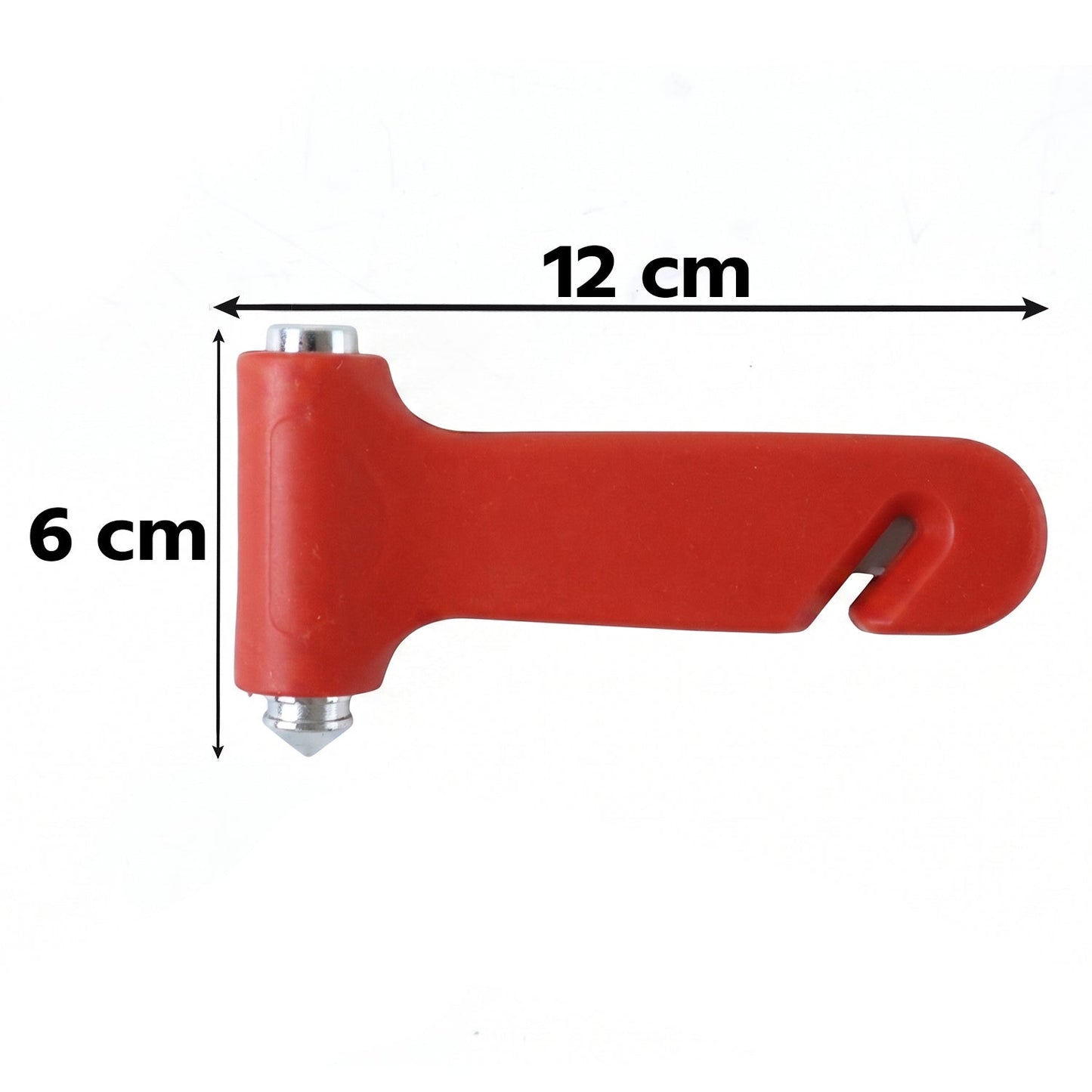 A red car safety hammer with dimensions indicated as 12 cm long and 6 cm high on a white background.