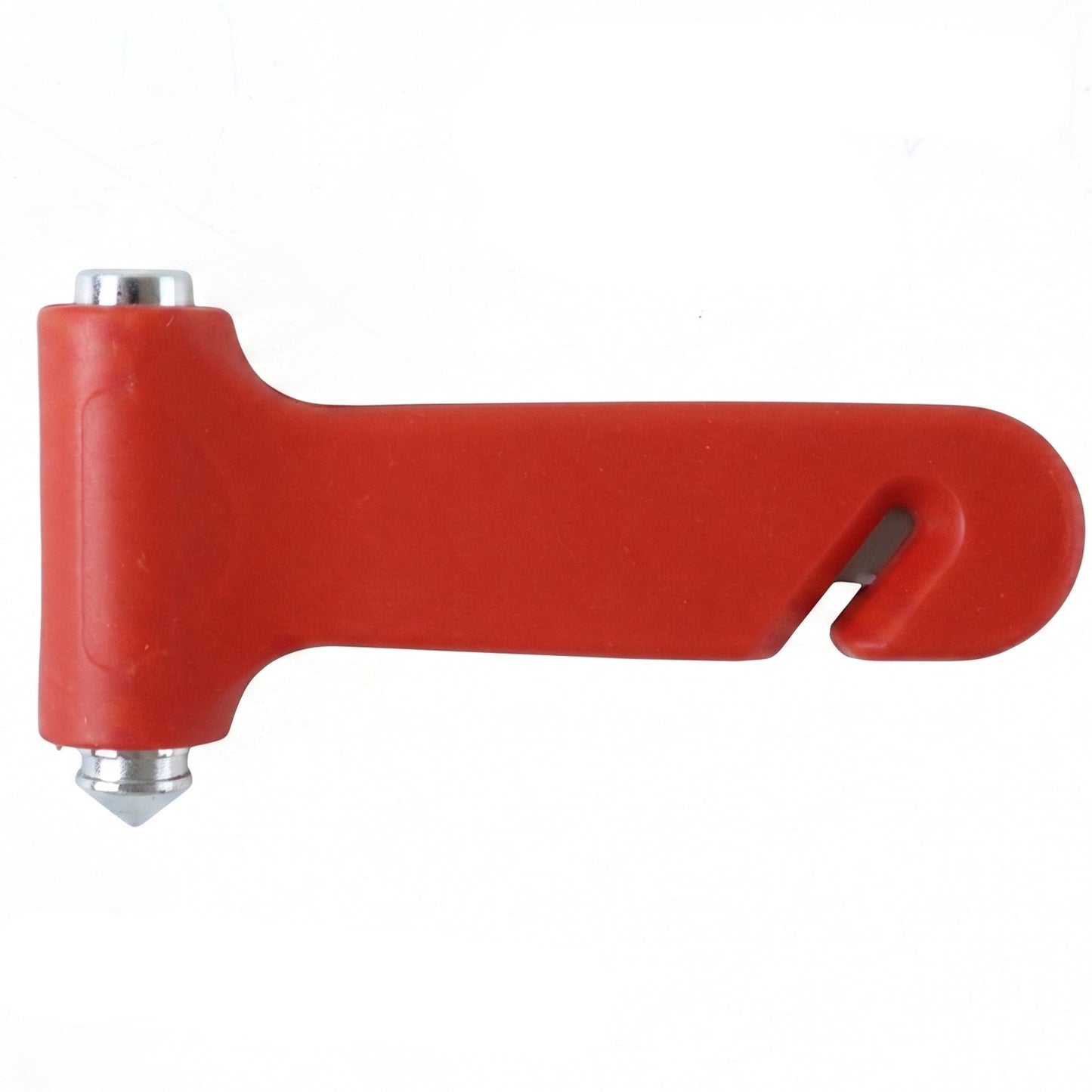 A red car safety hammer with a silver window breaker tip and a seatbelt cutter is shown on a white background.