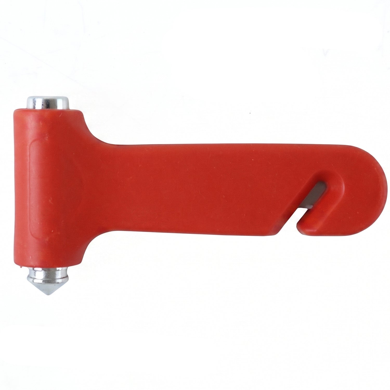 A red car safety hammer with a silver window breaker tip and a seatbelt cutter is shown on a white background.
