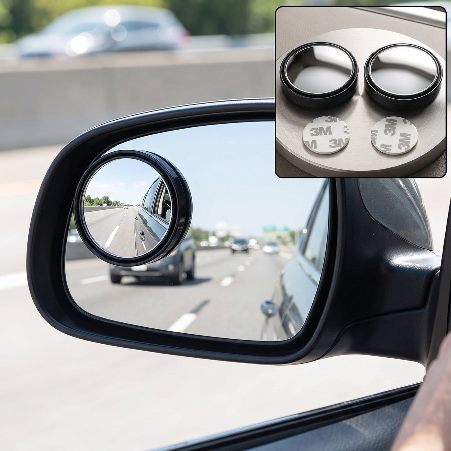 A black car side mirror with a small round blind spot mirror attached, showing a highway view.