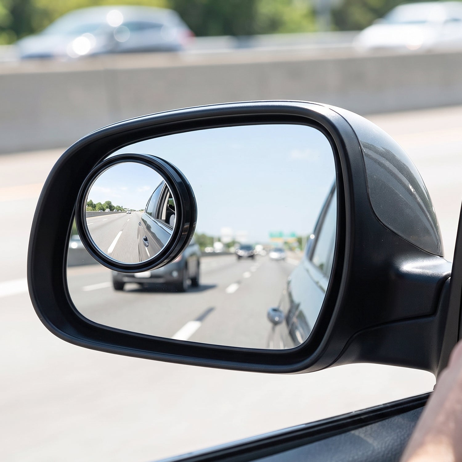 A black car side mirror with a small round blind spot mirror attached, showing a clear highway view with other cars.