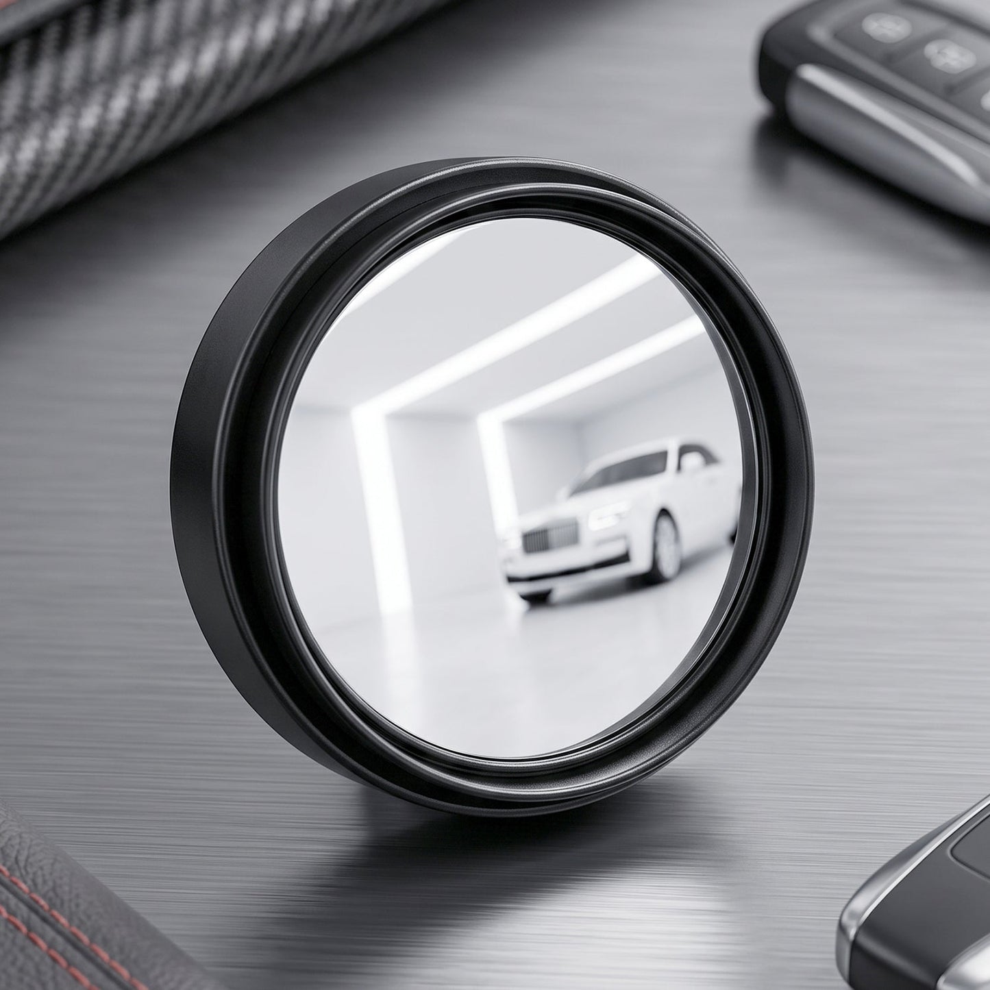 A single round blind spot mirror with a black frame, reflecting a white car in a bright garage.