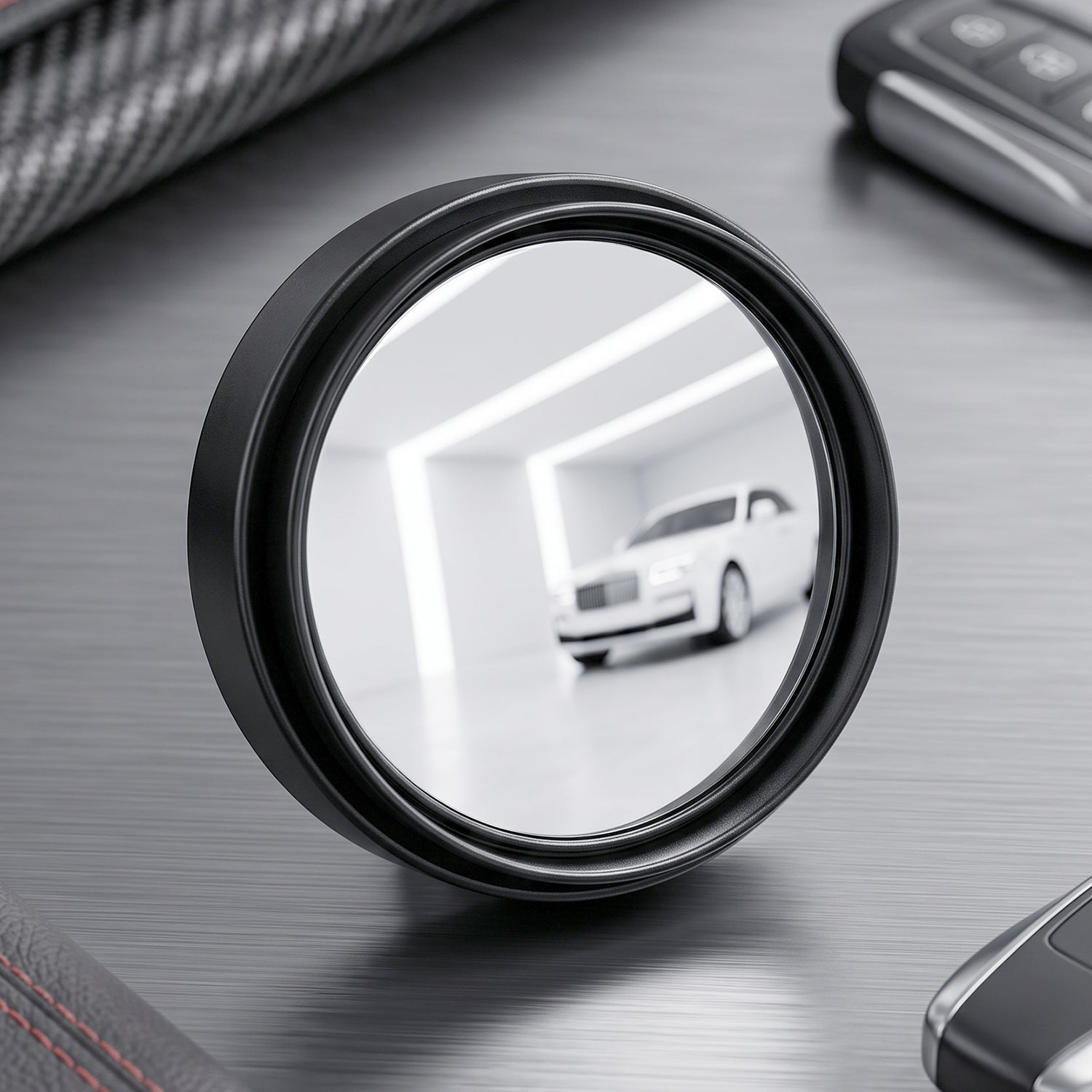 A single round blind spot mirror with a black frame, reflecting a white car in a bright garage.