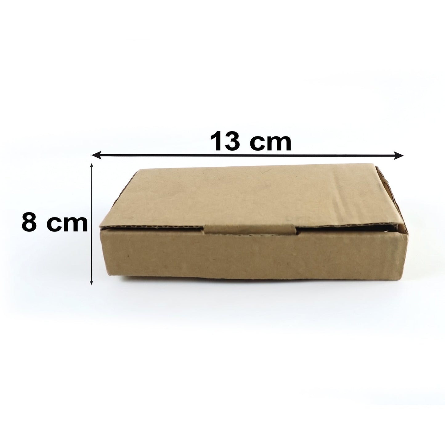 A brown cardboard box with dimensions labeled: 13 cm length and 8 cm width.