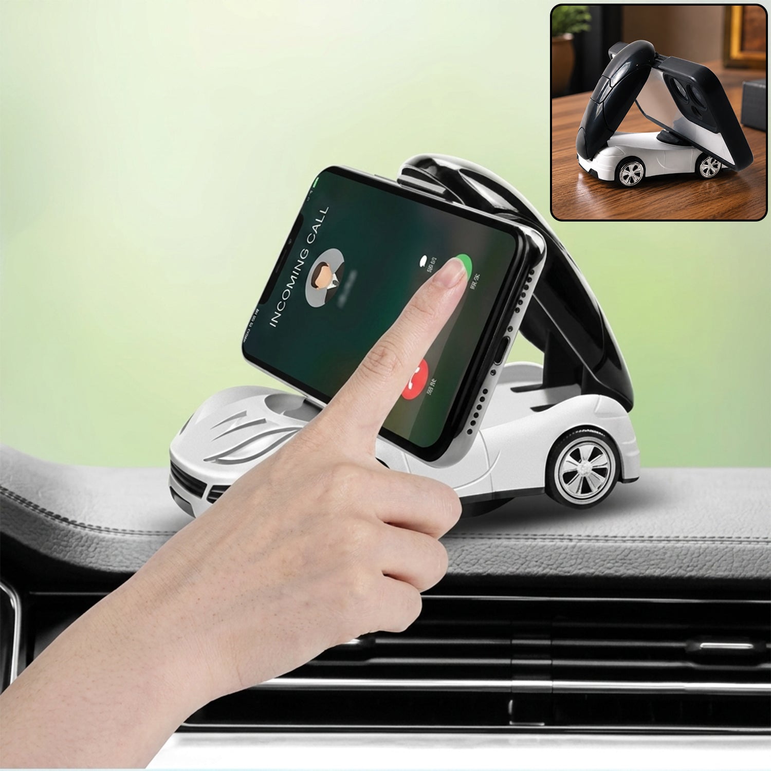 A hand interacts with a smartphone held upright in a white car-shaped phone holder on a car dashboard.