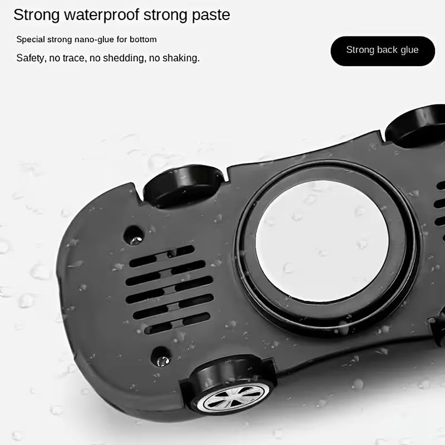The black underside of the car-shaped phone holder shows a circular adhesive pad and text about strong glue.