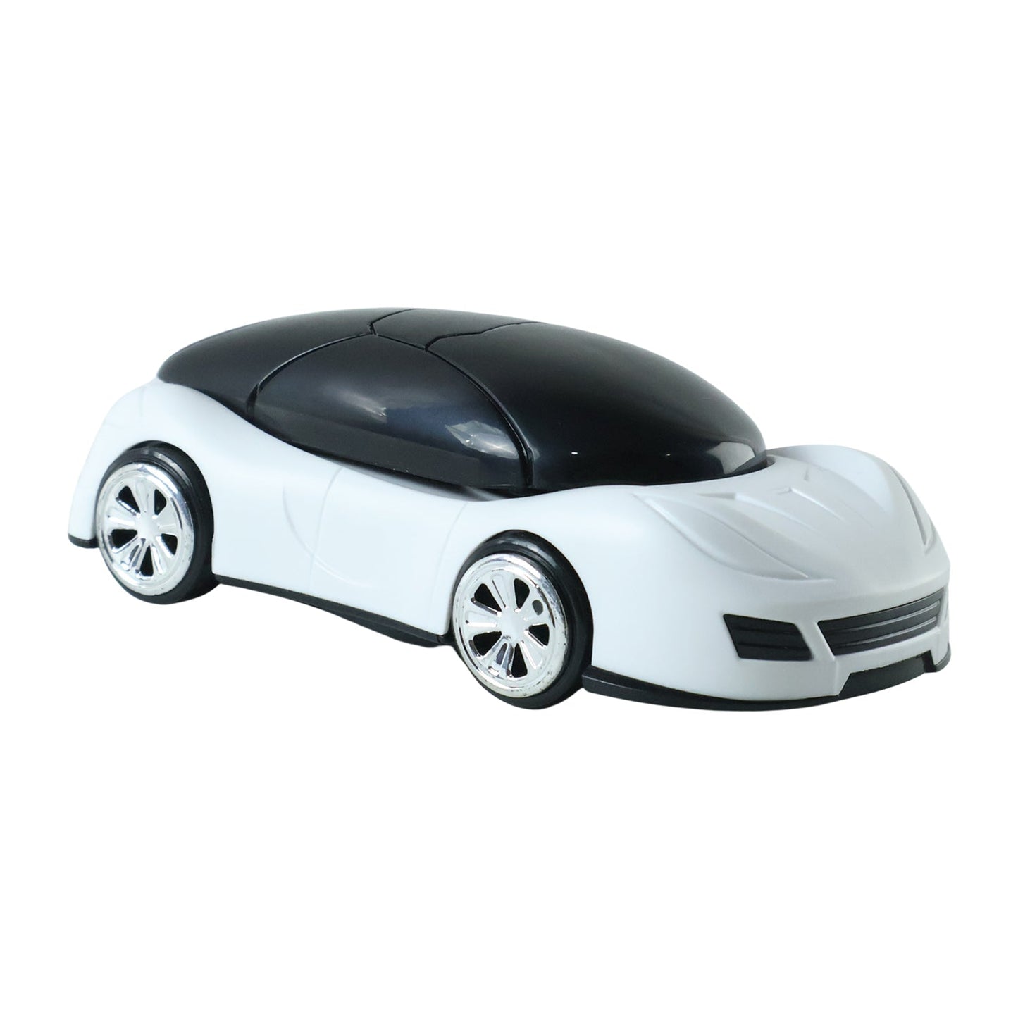 A white and black car-shaped phone holder with chrome wheels is shown from a slight angle on a white background.