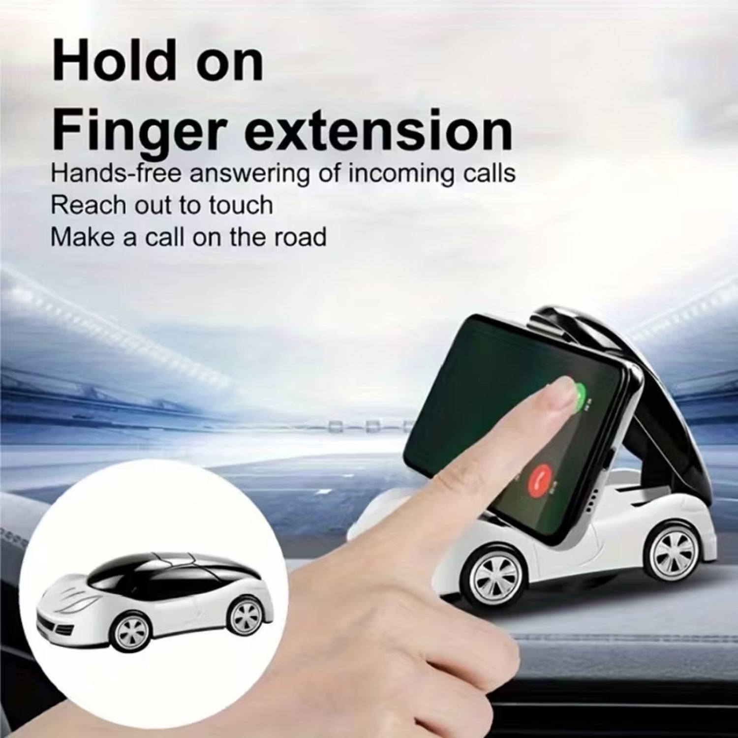 A hand interacts with a smartphone in a white car-shaped holder on a dashboard, with text about hands-free calls.