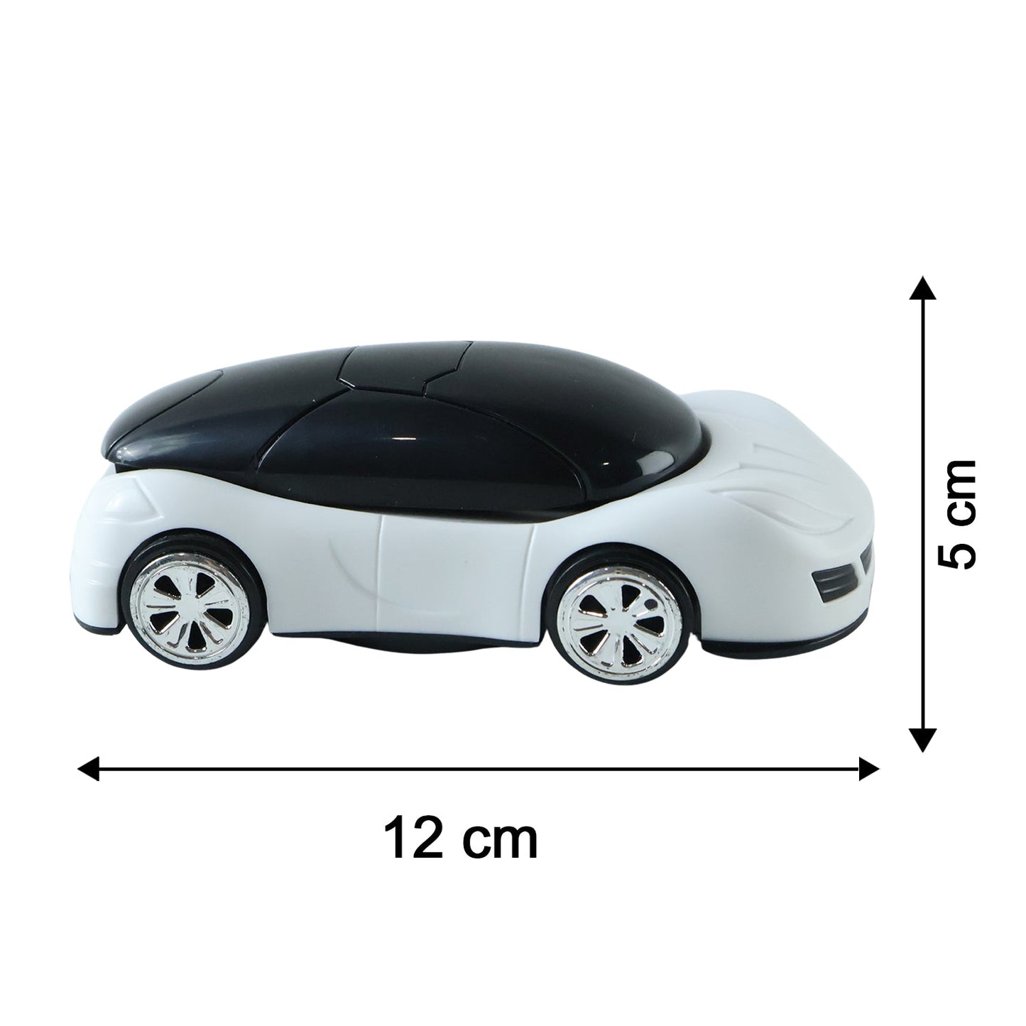 A white and black car-shaped phone holder with chrome wheels is shown with dimensions of 12 cm and 5 cm.