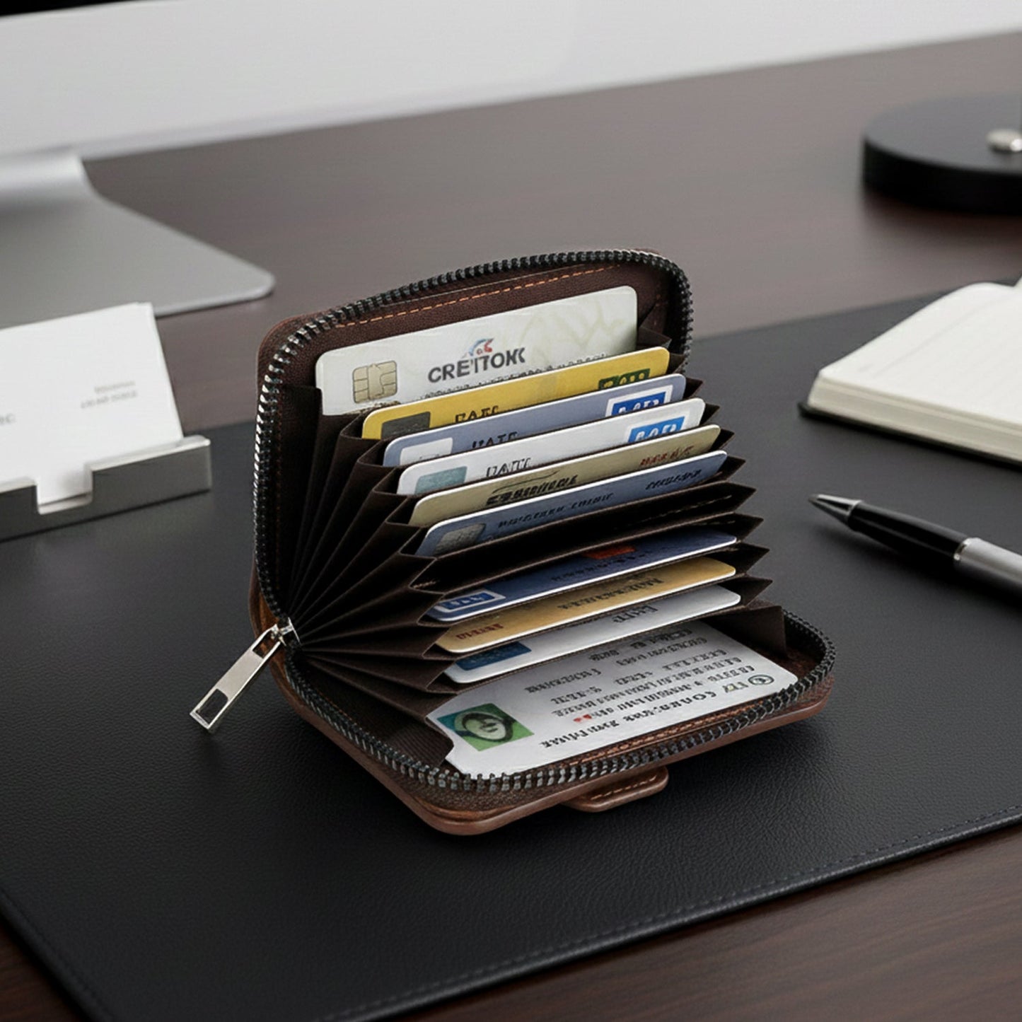 Interior accordion slots of zip card holder wallet for easy card access