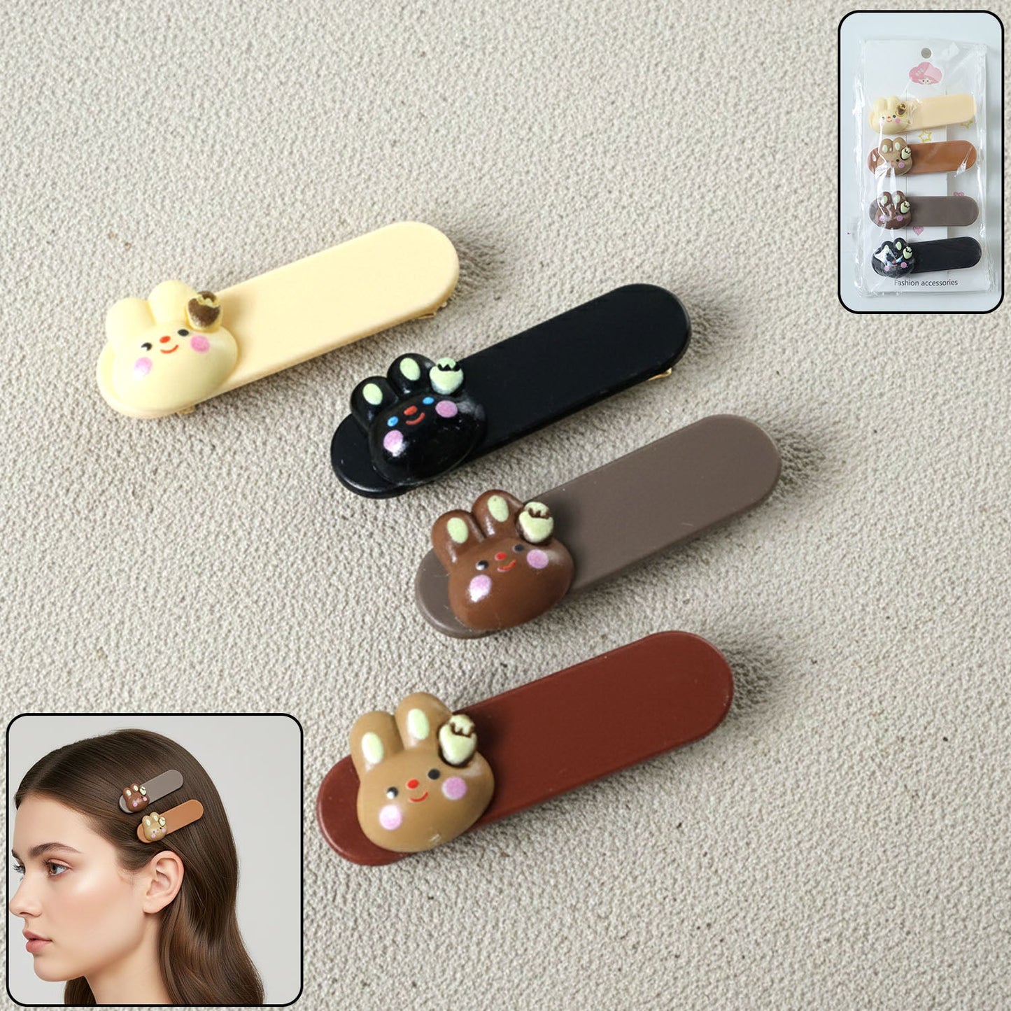 Set of four bunny face decorative snap hair clips for women and girls