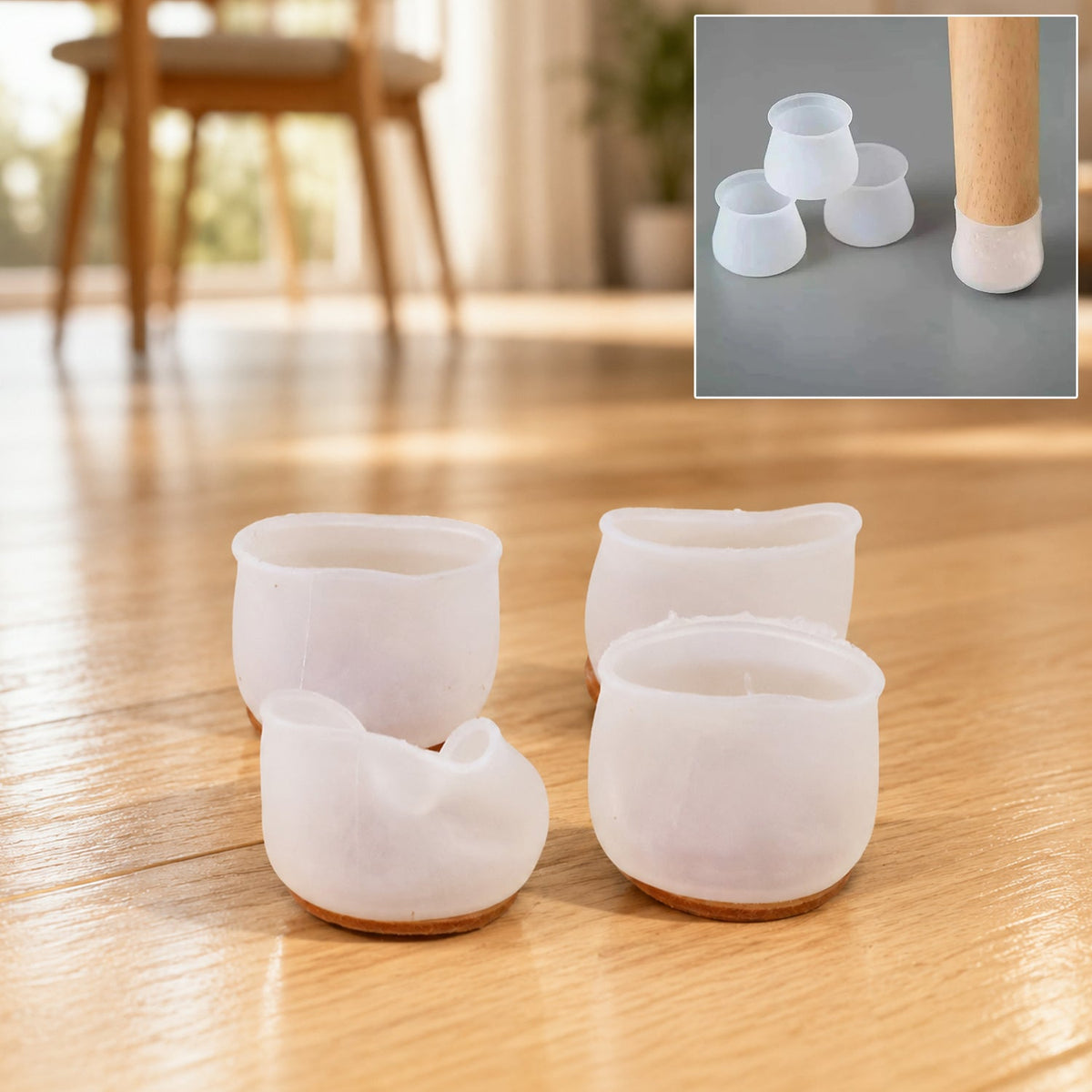 Four translucent silicone furniture leg protectors with felt bottoms on a wooden floor, with an inset of use.